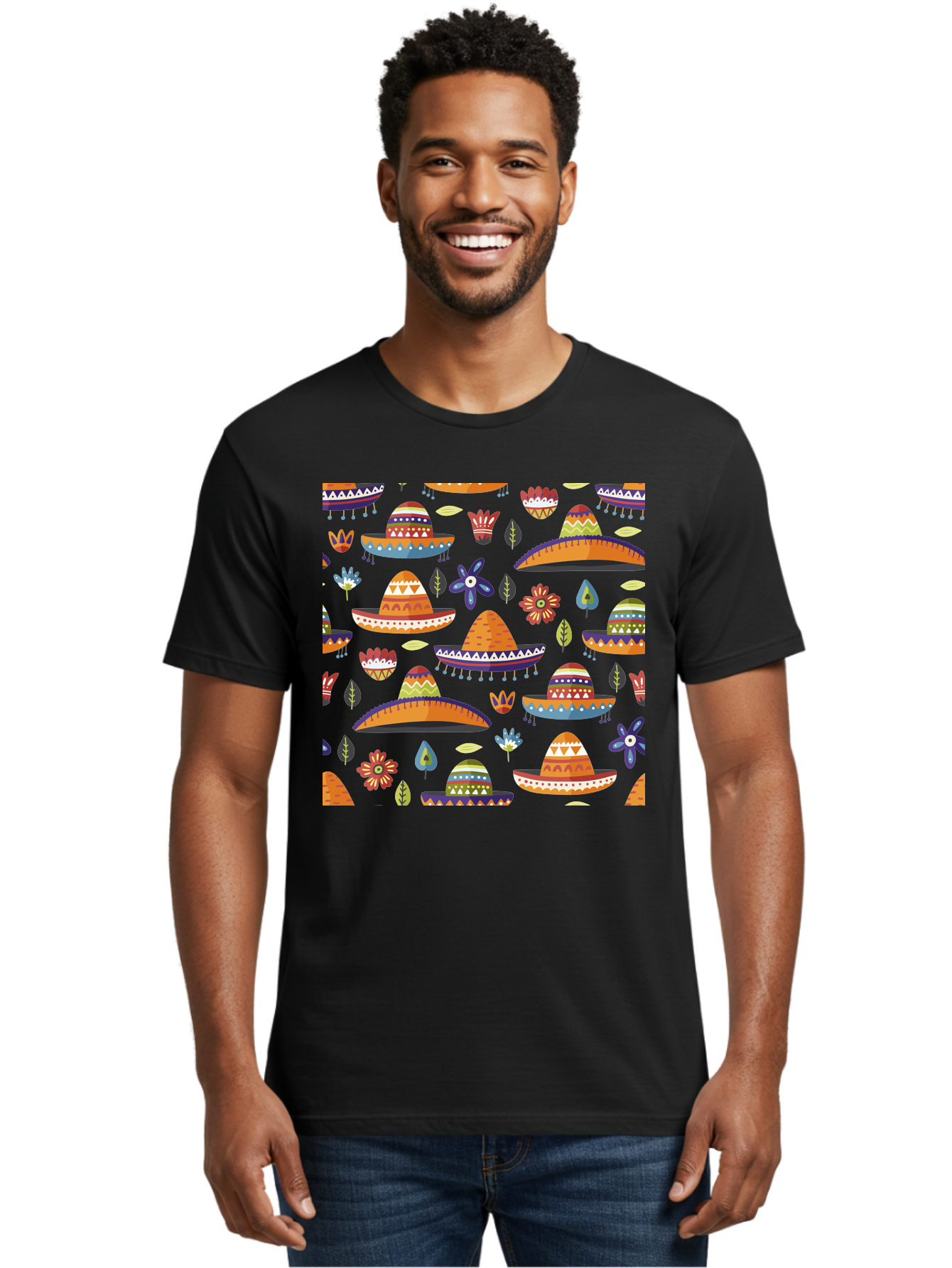 Sombrero-Pattern Men'S Graphic Tee, 100% Cotton, Comfortable Casual Summer Wear, Machine Washable, Colorful Sombreros, Mexican Hats, Floral Patterns, Vibrant Designs, Cultural Heritage, Traditional Attire, Festive Atmosphere, -  Aaa297 26