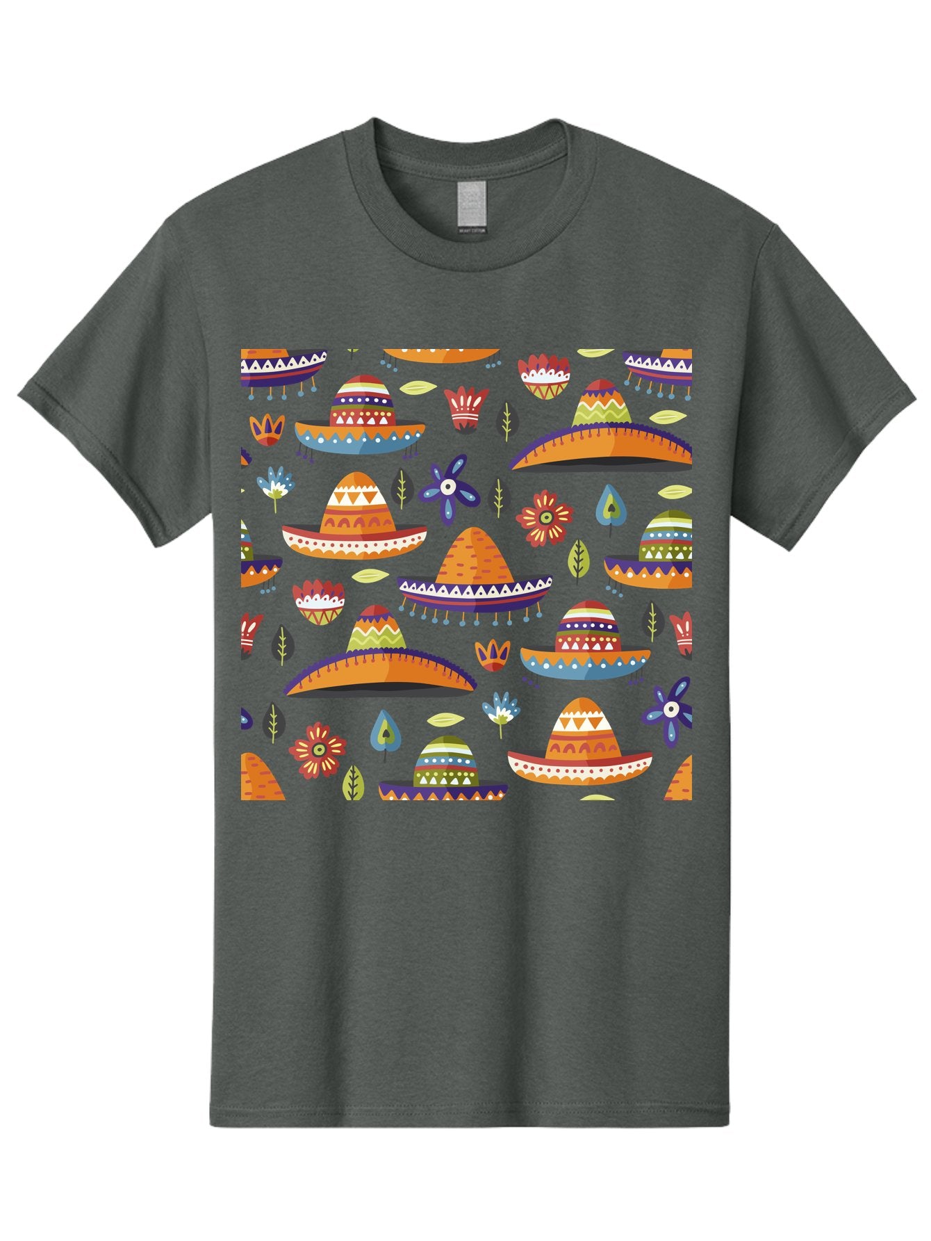 Sombrero-Pattern Men'S Graphic Tee, 100% Cotton, Comfortable Casual Summer Wear, Machine Washable, Colorful Sombreros, Mexican Hats, Floral Patterns, Vibrant Designs, Cultural Heritage, Traditional Attire, Festive Atmosphere, -  Aaa297 7