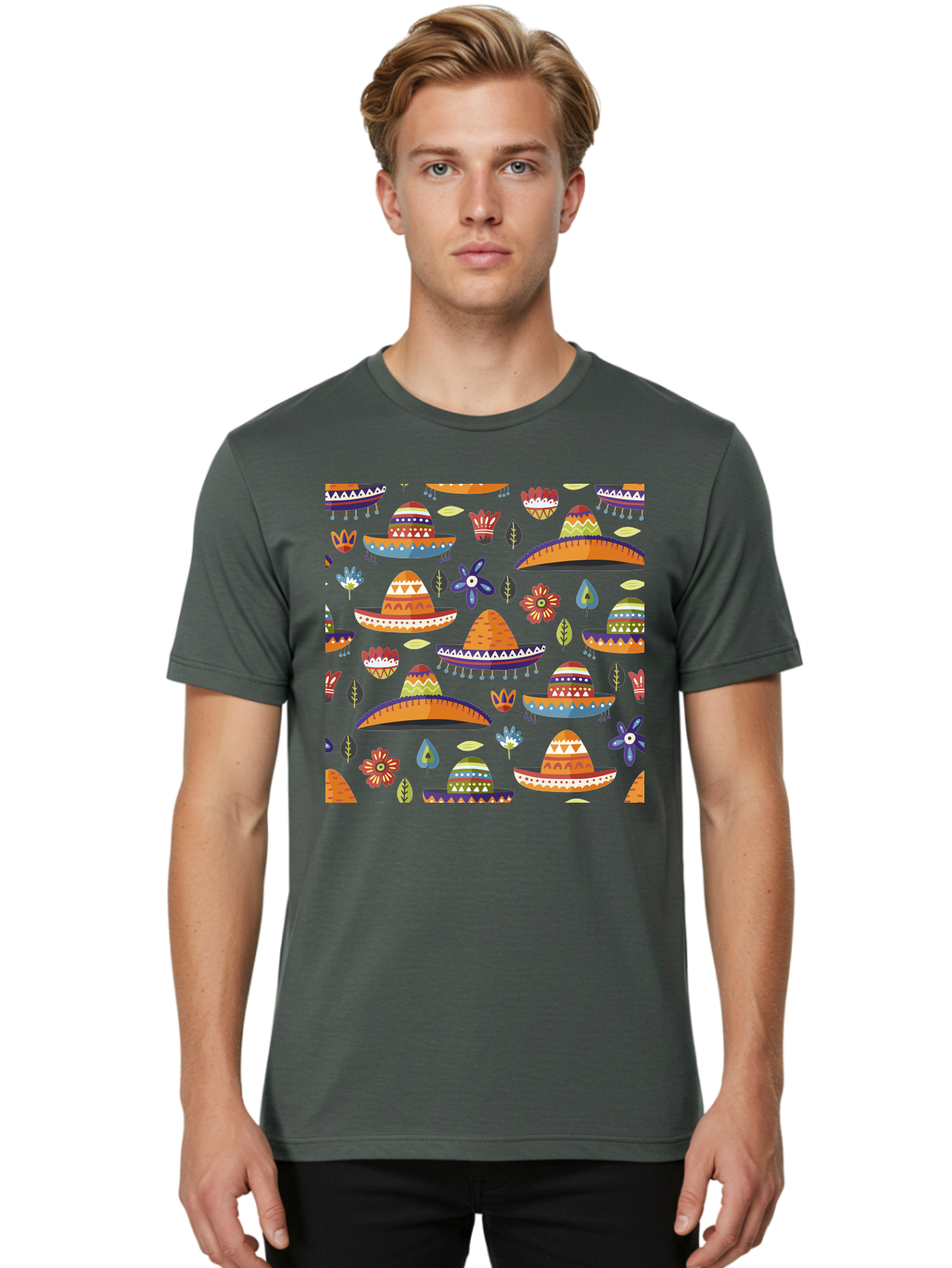 Sombrero-Pattern Men'S Graphic Tee, 100% Cotton, Comfortable Casual Summer Wear, Machine Washable, Colorful Sombreros, Mexican Hats, Floral Patterns, Vibrant Designs, Cultural Heritage, Traditional Attire, Festive Atmosphere, -  Aaa297 18