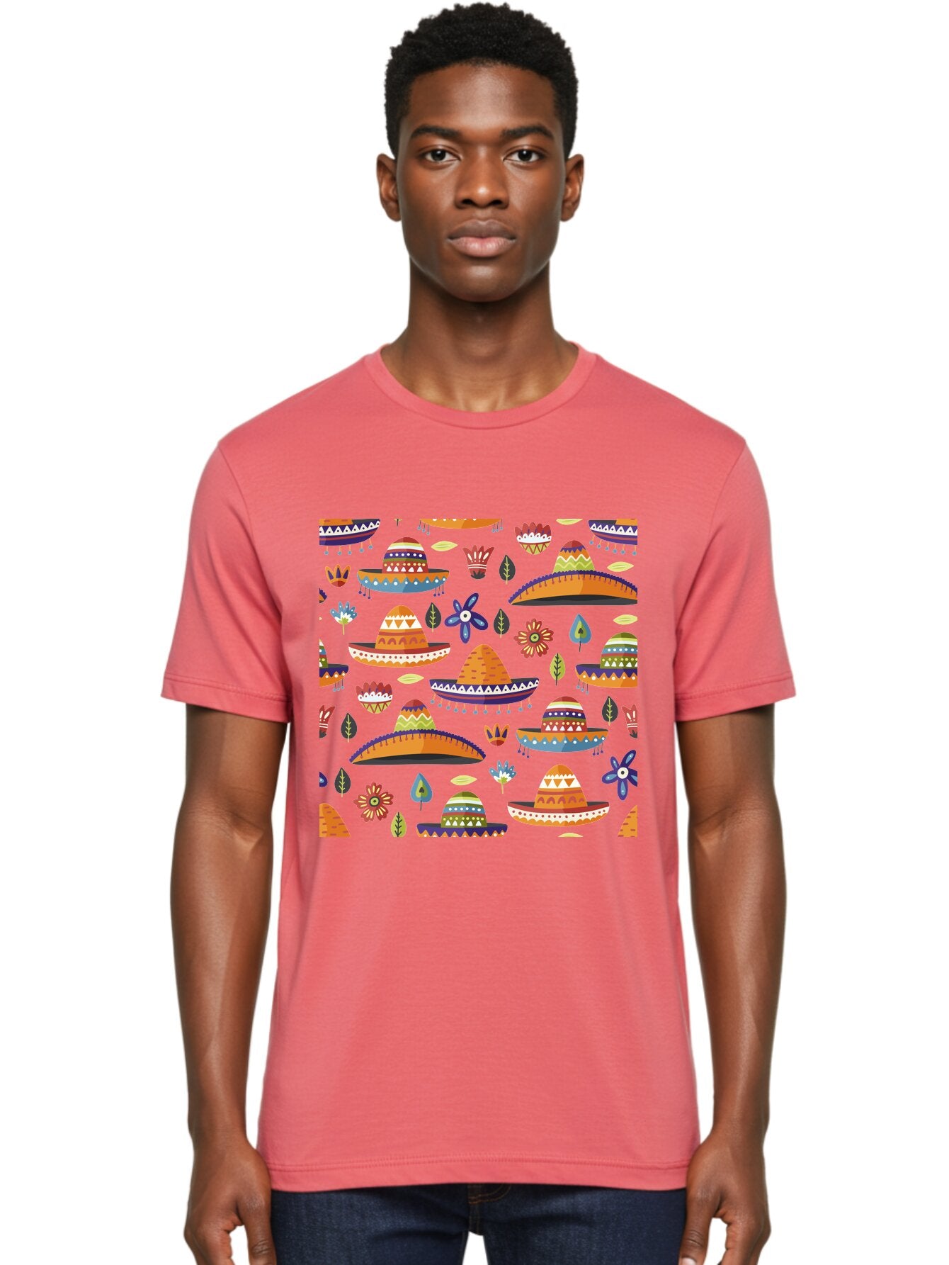 Sombrero-Pattern Men'S Graphic Tee, 100% Cotton, Comfortable Casual Summer Wear, Machine Washable, Colorful Sombreros, Mexican Hats, Floral Patterns, Vibrant Designs, Cultural Heritage, Traditional Attire, Festive Atmosphere, -  Aaa297 16
