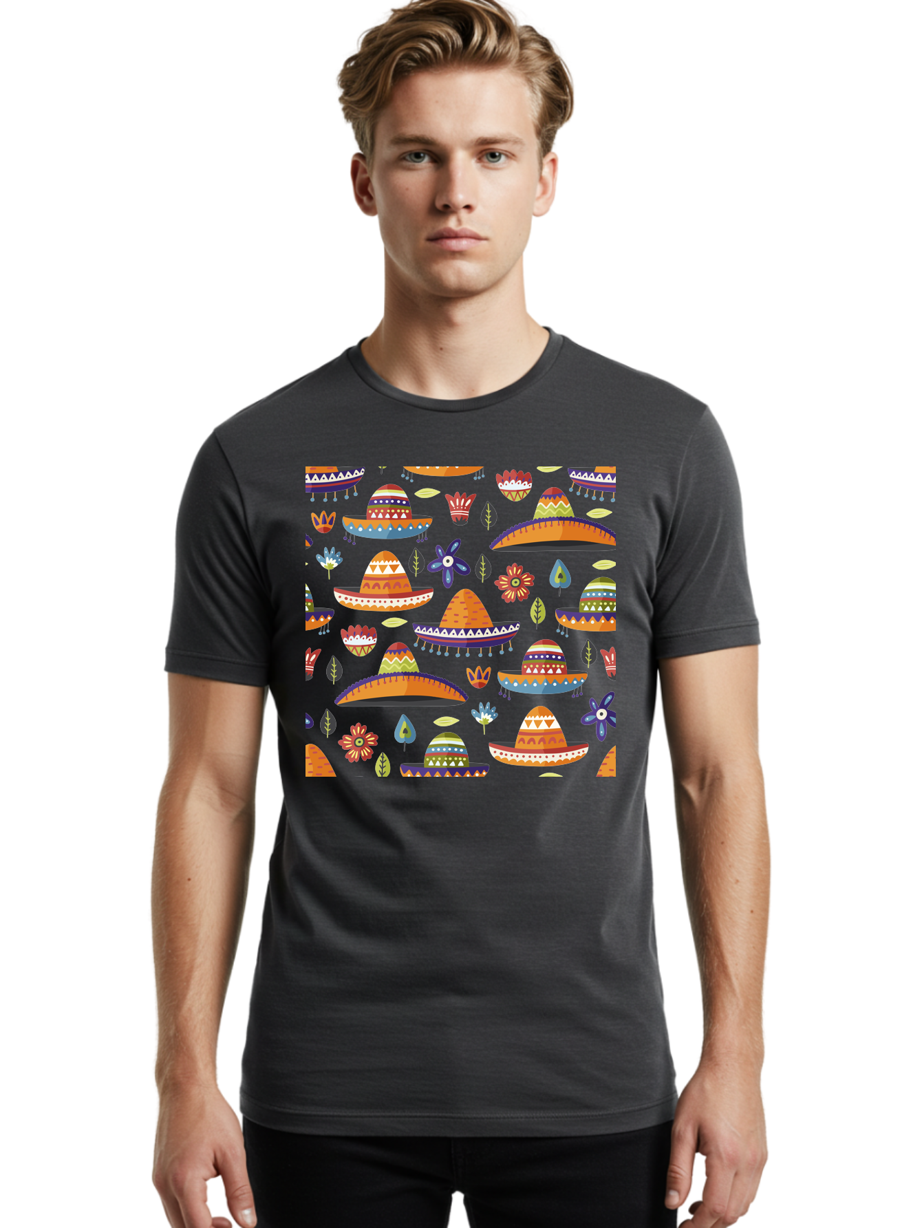 Sombrero-Pattern Men'S Graphic Tee, 100% Cotton, Comfortable Casual Summer Wear, Machine Washable, Colorful Sombreros, Mexican Hats, Floral Patterns, Vibrant Designs, Cultural Heritage, Traditional Attire, Festive Atmosphere, -  Aaa297 22