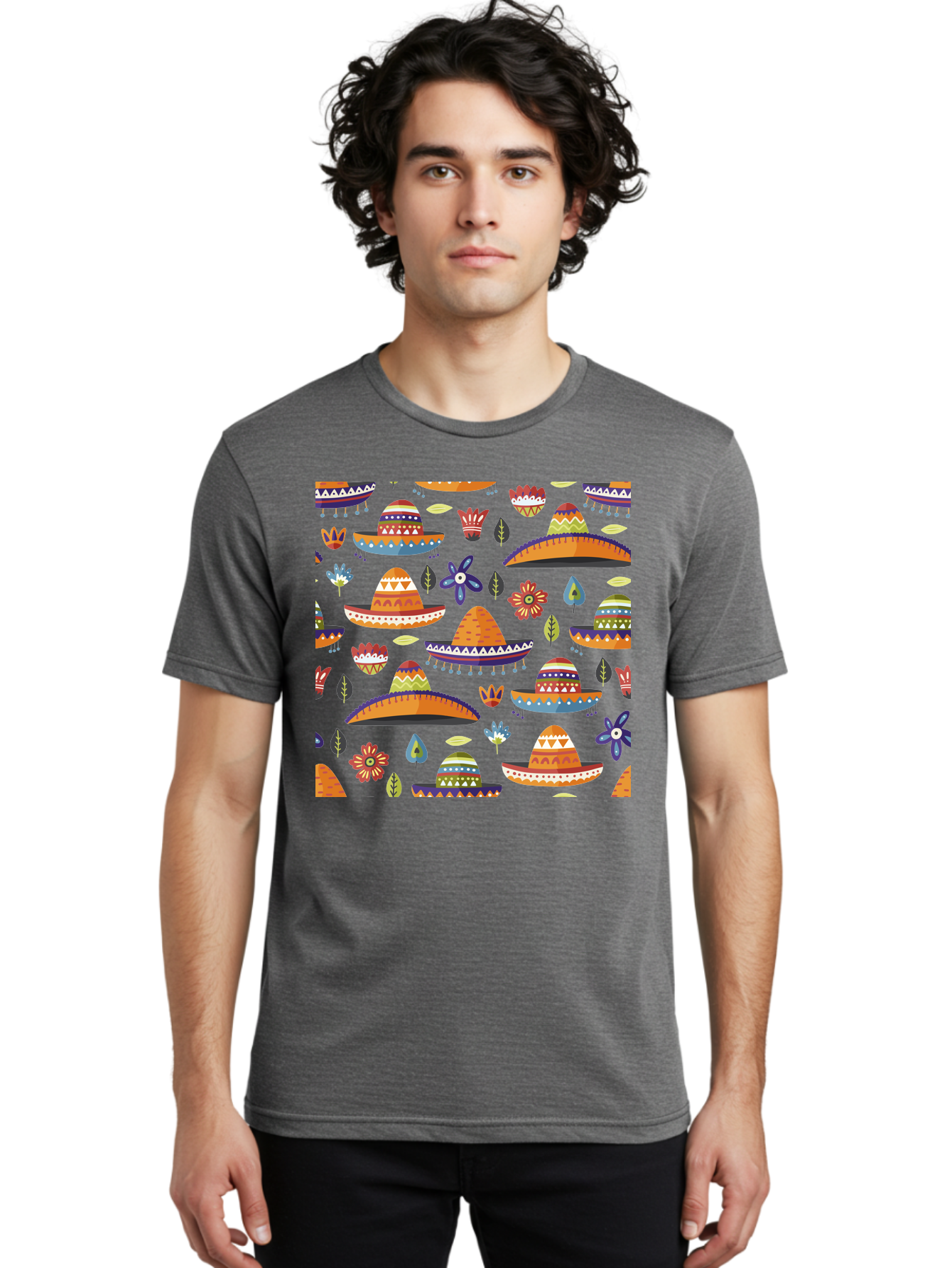 Sombrero-Pattern Men'S Graphic Tee, 100% Cotton, Comfortable Casual Summer Wear, Machine Washable, Colorful Sombreros, Mexican Hats, Floral Patterns, Vibrant Designs, Cultural Heritage, Traditional Attire, Festive Atmosphere, -  Aaa297 14