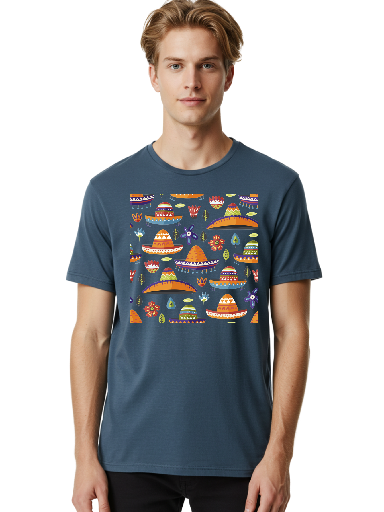 Sombrero-Pattern Men'S Graphic Tee, 100% Cotton, Comfortable Casual Summer Wear, Machine Washable, Colorful Sombreros, Mexican Hats, Floral Patterns, Vibrant Designs, Cultural Heritage, Traditional Attire, Festive Atmosphere, -  Aaa297 20
