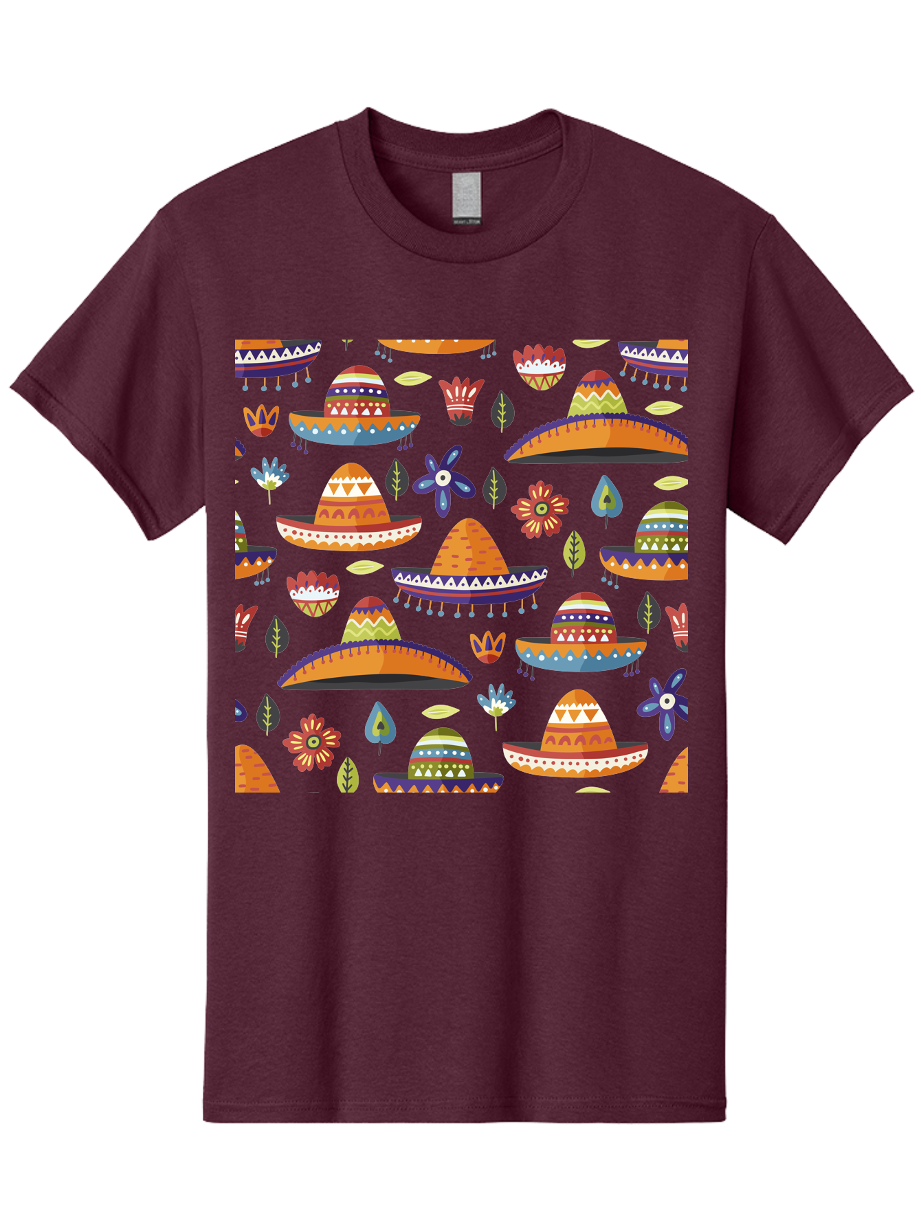 Sombrero-Pattern Men'S Graphic Tee, 100% Cotton, Comfortable Casual Summer Wear, Machine Washable, Colorful Sombreros, Mexican Hats, Floral Patterns, Vibrant Designs, Cultural Heritage, Traditional Attire, Festive Atmosphere, -  Aaa297