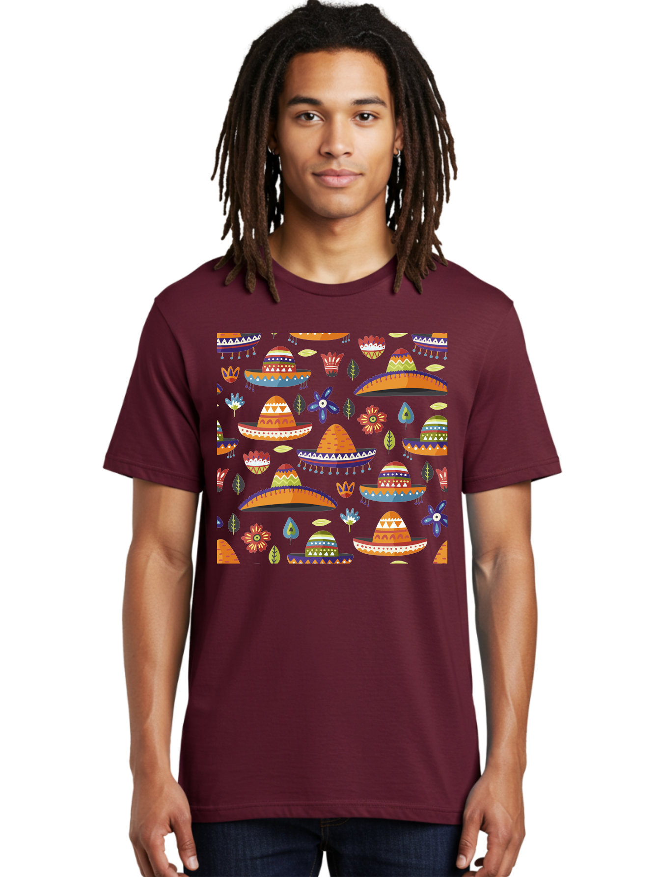 Sombrero-Pattern Men'S Graphic Tee, 100% Cotton, Comfortable Casual Summer Wear, Machine Washable, Colorful Sombreros, Mexican Hats, Floral Patterns, Vibrant Designs, Cultural Heritage, Traditional Attire, Festive Atmosphere, -  Aaa297