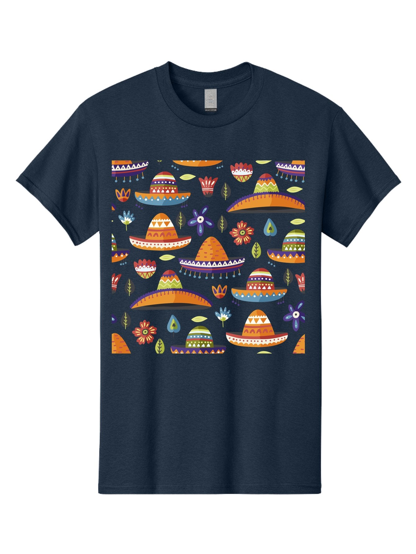Sombrero-Pattern Men'S Graphic Tee, 100% Cotton, Comfortable Casual Summer Wear, Machine Washable, Colorful Sombreros, Mexican Hats, Floral Patterns, Vibrant Designs, Cultural Heritage, Traditional Attire, Festive Atmosphere, -  Aaa297
