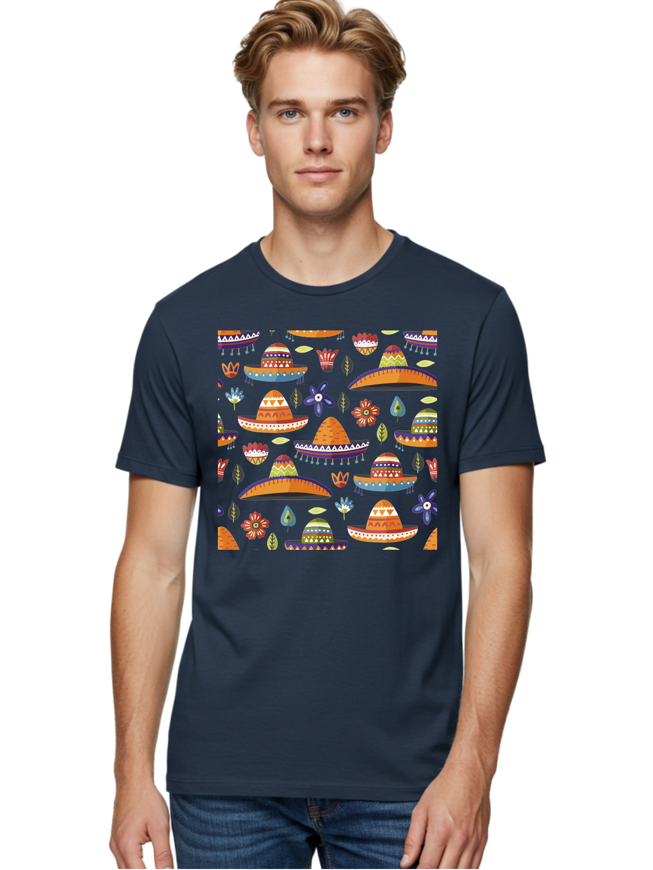 Sombrero-Pattern Men'S Graphic Tee, 100% Cotton, Comfortable Casual Summer Wear, Machine Washable, Colorful Sombreros, Mexican Hats, Floral Patterns, Vibrant Designs, Cultural Heritage, Traditional Attire, Festive Atmosphere, -  Aaa297 30