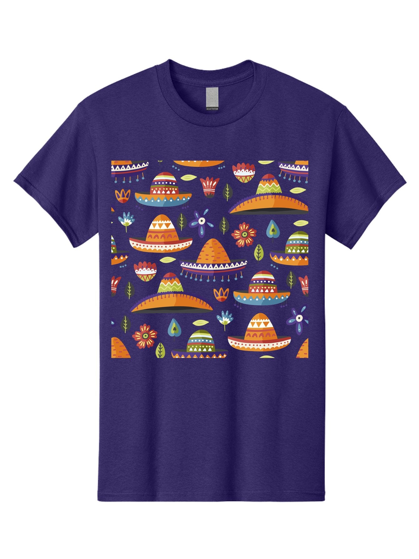 Sombrero-Pattern Men'S Graphic Tee, 100% Cotton, Comfortable Casual Summer Wear, Machine Washable, Colorful Sombreros, Mexican Hats, Floral Patterns, Vibrant Designs, Cultural Heritage, Traditional Attire, Festive Atmosphere, -  Aaa297 27
