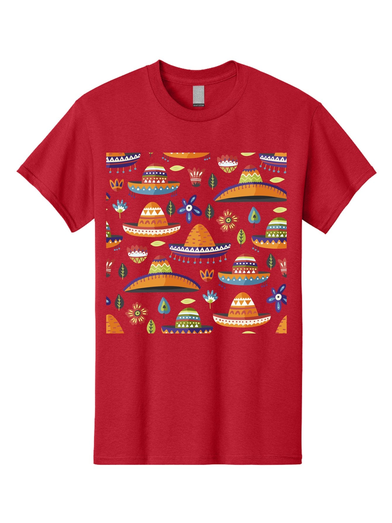 Sombrero-Pattern Men'S Graphic Tee, 100% Cotton, Comfortable Casual Summer Wear, Machine Washable, Colorful Sombreros, Mexican Hats, Floral Patterns, Vibrant Designs, Cultural Heritage, Traditional Attire, Festive Atmosphere, -  Aaa297 23