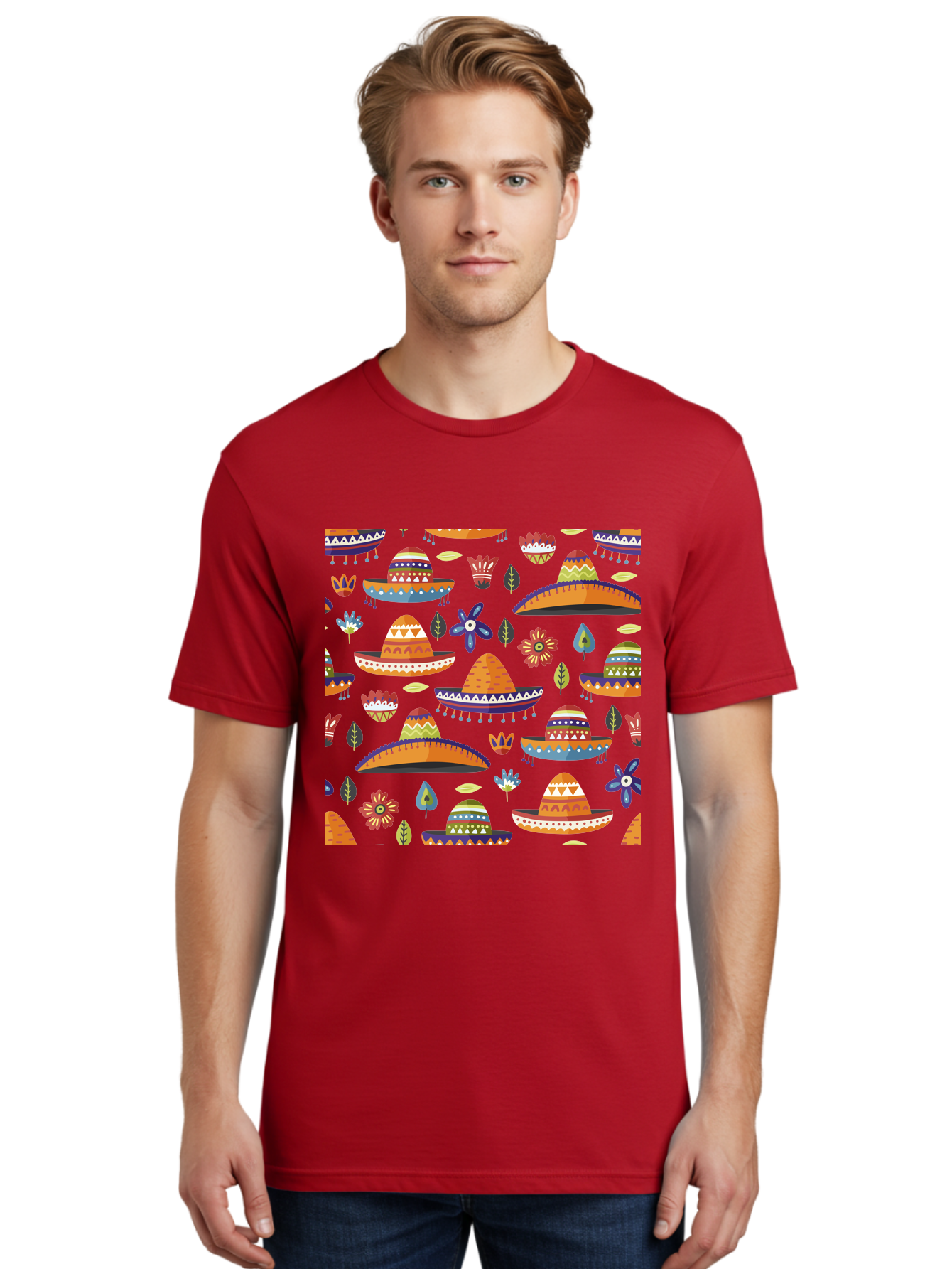 Sombrero-Pattern Men'S Graphic Tee, 100% Cotton, Comfortable Casual Summer Wear, Machine Washable, Colorful Sombreros, Mexican Hats, Floral Patterns, Vibrant Designs, Cultural Heritage, Traditional Attire, Festive Atmosphere, -  Aaa297 6