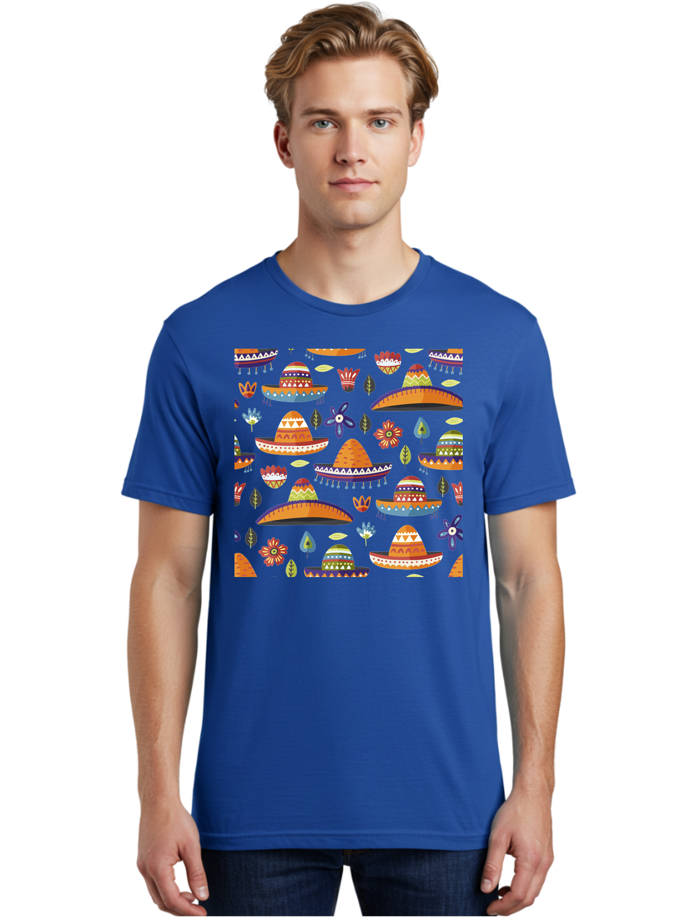 Sombrero-Pattern Men'S Graphic Tee, 100% Cotton, Comfortable Casual Summer Wear, Machine Washable, Colorful Sombreros, Mexican Hats, Floral Patterns, Vibrant Designs, Cultural Heritage, Traditional Attire, Festive Atmosphere, -  Aaa297 28