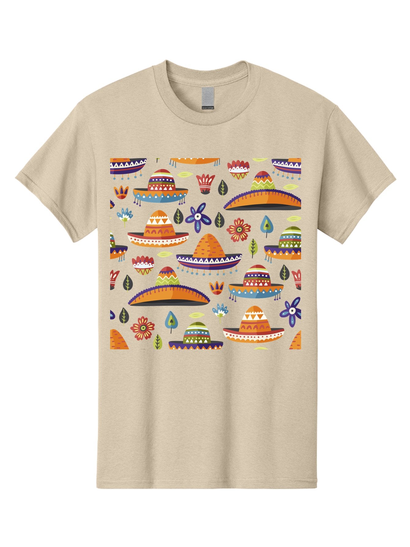 Sombrero-Pattern Men'S Graphic Tee, 100% Cotton, Comfortable Casual Summer Wear, Machine Washable, Colorful Sombreros, Mexican Hats, Floral Patterns, Vibrant Designs, Cultural Heritage, Traditional Attire, Festive Atmosphere, -  Aaa297 21