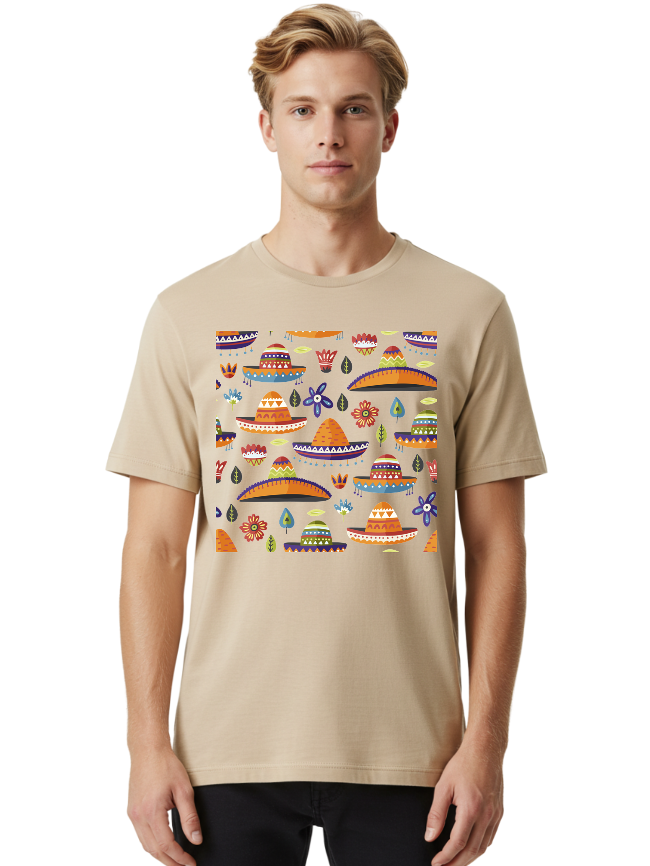 Sombrero-Pattern Men'S Graphic Tee, 100% Cotton, Comfortable Casual Summer Wear, Machine Washable, Colorful Sombreros, Mexican Hats, Floral Patterns, Vibrant Designs, Cultural Heritage, Traditional Attire, Festive Atmosphere, -  Aaa297 16