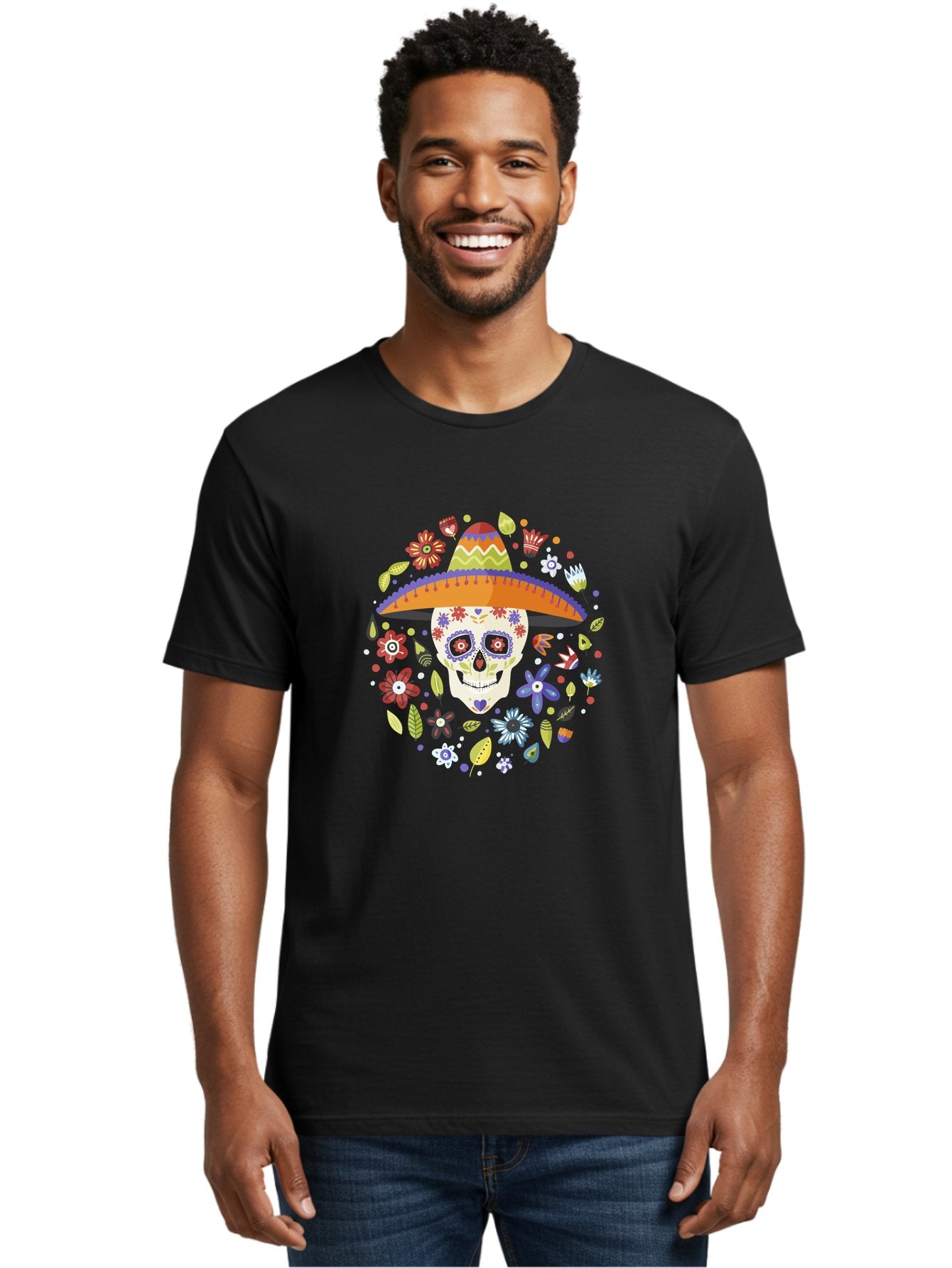 Sugar-Skull-1 Men'S Graphic Tee, 100% Cotton, Comfortable Casual Summer Wear, Machine Washable, Sugar Skull, Dia De Los Muertos, Day Of The Dead, Sombrero, Floral Decorations, Vibrant Colors, Mexican Culture, Festive Atmosphere, -  Aaa298 18