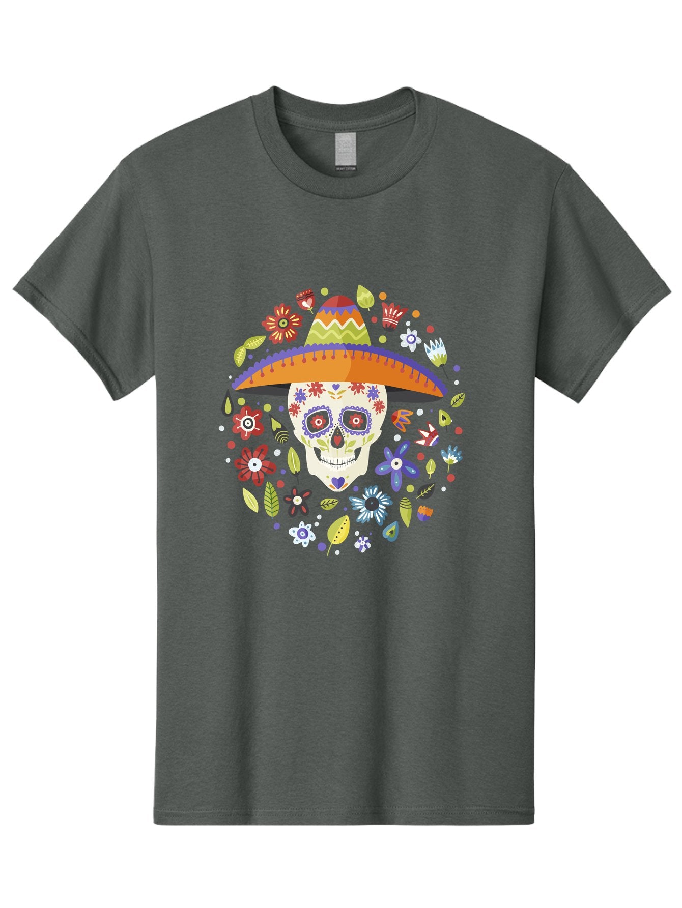 Sugar-Skull-1 Men'S Graphic Tee, 100% Cotton, Comfortable Casual Summer Wear, Machine Washable, Sugar Skull, Dia De Los Muertos, Day Of The Dead, Sombrero, Floral Decorations, Vibrant Colors, Mexican Culture, Festive Atmosphere, -  Aaa298 29