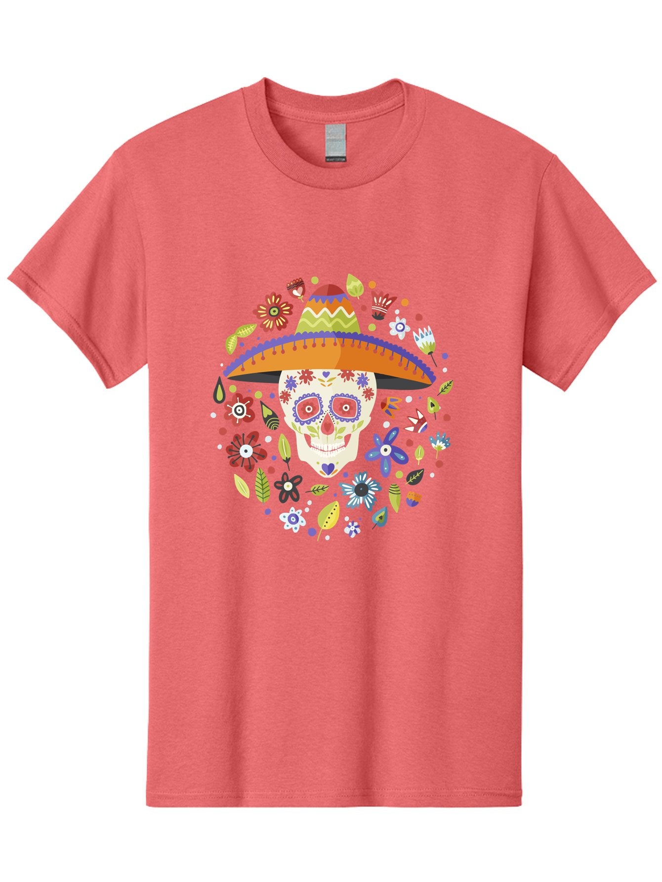 Sugar-Skull-1 Men'S Graphic Tee, 100% Cotton, Comfortable Casual Summer Wear, Machine Washable, Sugar Skull, Dia De Los Muertos, Day Of The Dead, Sombrero, Floral Decorations, Vibrant Colors, Mexican Culture, Festive Atmosphere, -  Aaa298 27