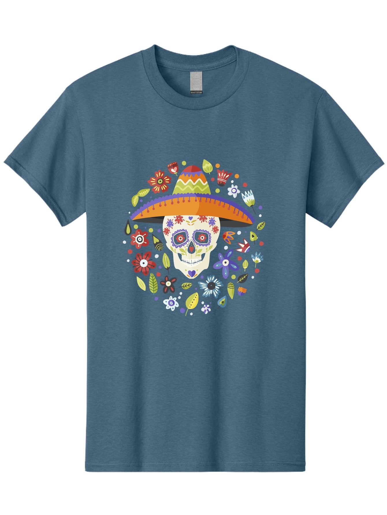 Sugar-Skull-1 Men'S Graphic Tee, 100% Cotton, Comfortable Casual Summer Wear, Machine Washable, Sugar Skull, Dia De Los Muertos, Day Of The Dead, Sombrero, Floral Decorations, Vibrant Colors, Mexican Culture, Festive Atmosphere, -  Aaa298 5