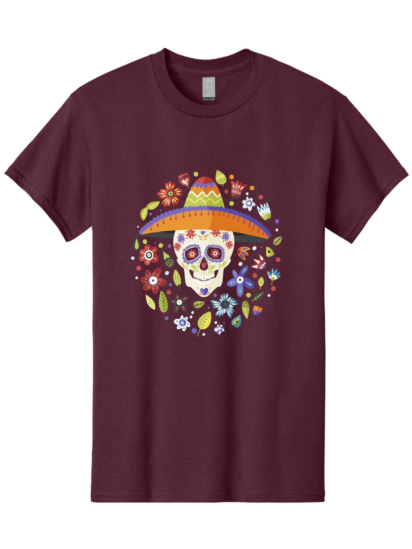 Sugar-Skull-1 Men'S Graphic Tee, 100% Cotton, Comfortable Casual Summer Wear, Machine Washable, Sugar Skull, Dia De Los Muertos, Day Of The Dead, Sombrero, Floral Decorations, Vibrant Colors, Mexican Culture, Festive Atmosphere, -  Aaa298 3