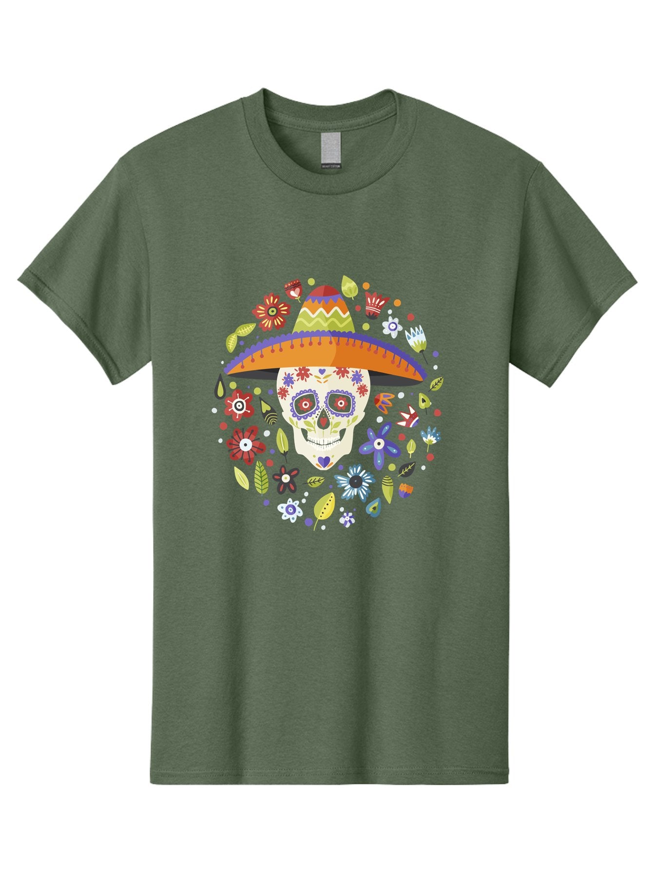 Sugar-Skull-1 Men'S Graphic Tee, 100% Cotton, Comfortable Casual Summer Wear, Machine Washable, Sugar Skull, Dia De Los Muertos, Day Of The Dead, Sombrero, Floral Decorations, Vibrant Colors, Mexican Culture, Festive Atmosphere, -  Aaa298 23