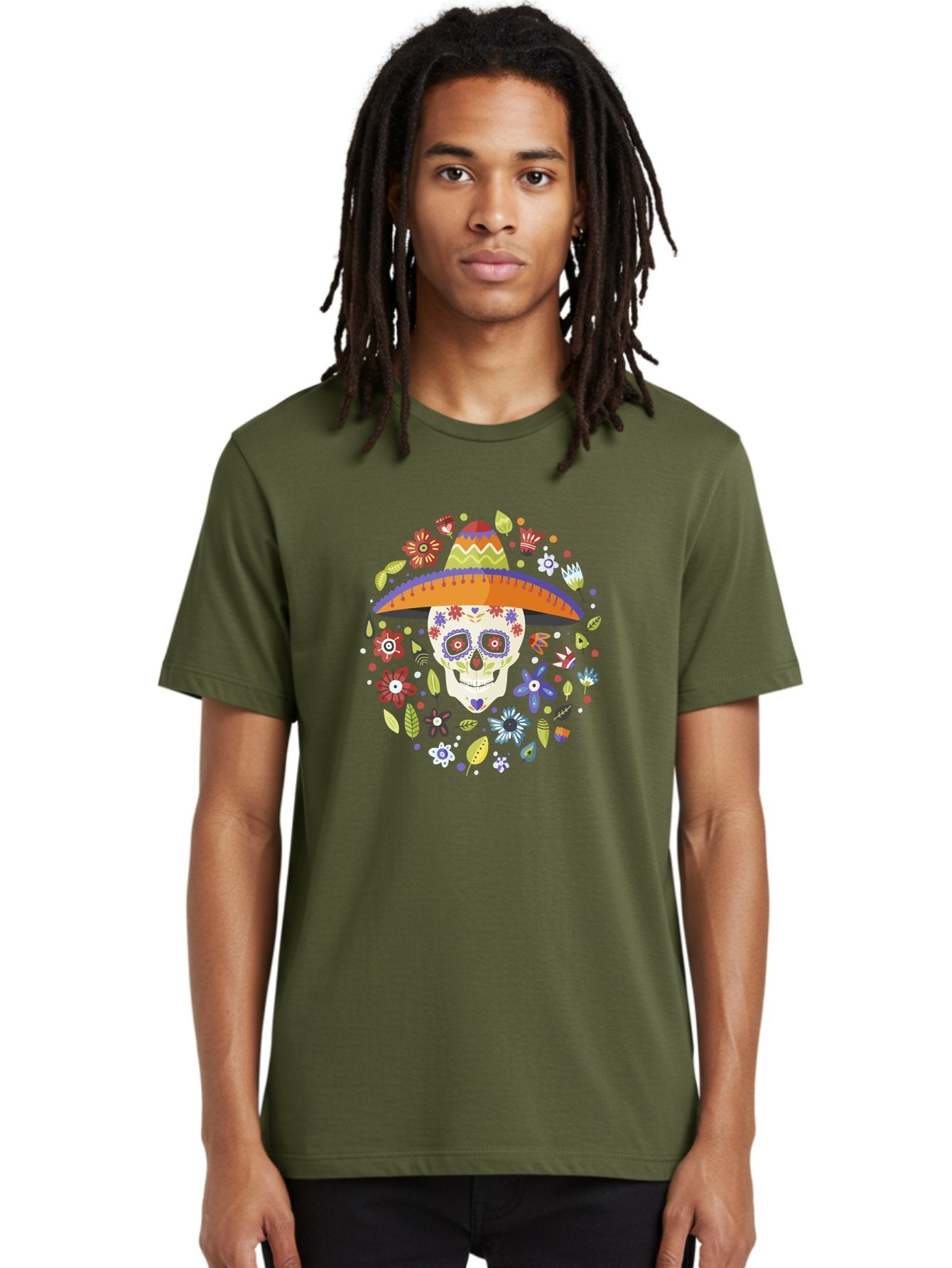 Sugar-Skull-1 Men'S Graphic Tee, 100% Cotton, Comfortable Casual Summer Wear, Machine Washable, Sugar Skull, Dia De Los Muertos, Day Of The Dead, Sombrero, Floral Decorations, Vibrant Colors, Mexican Culture, Festive Atmosphere, -  Aaa298 24