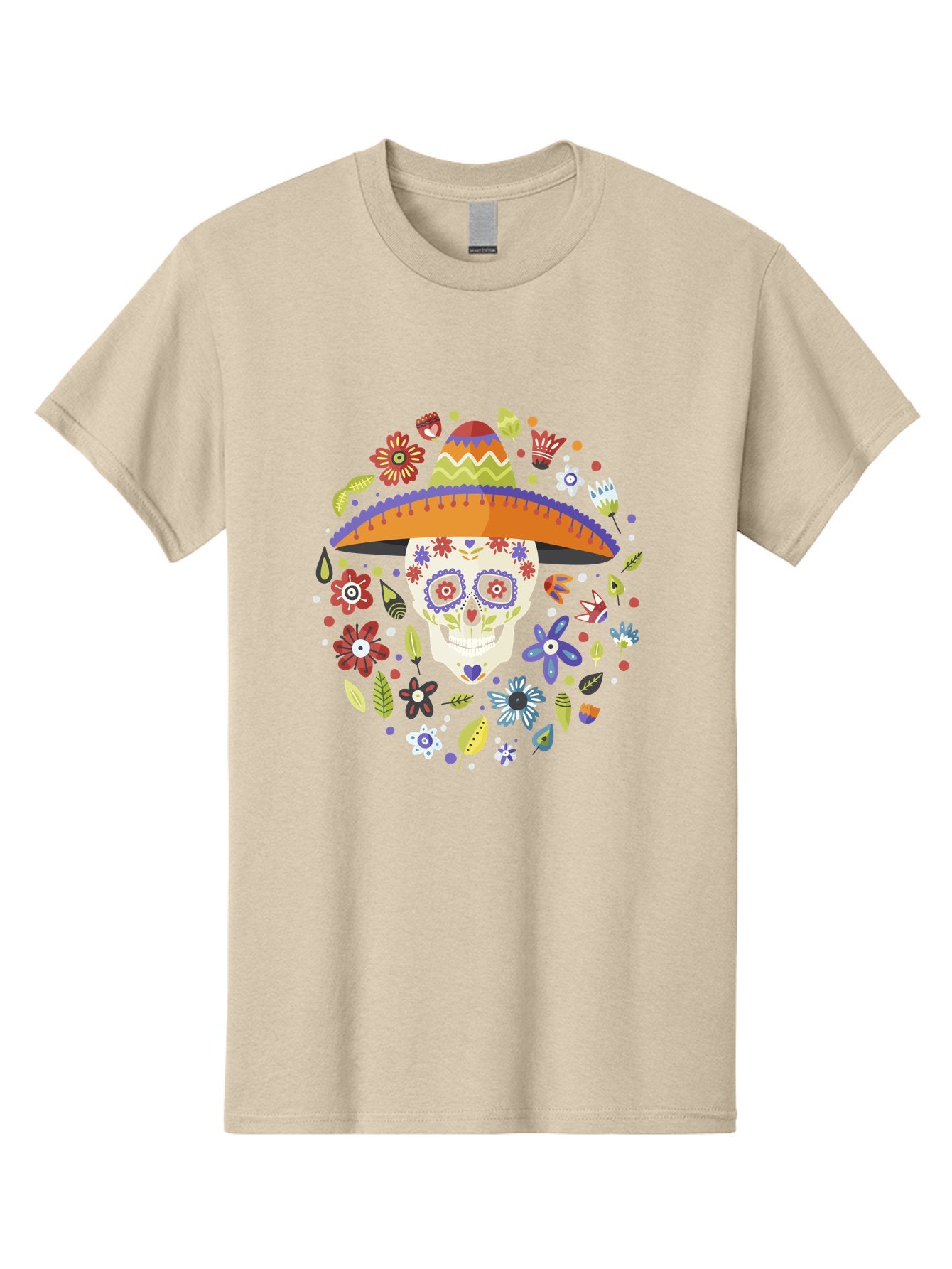 Sugar-Skull-1 Men'S Graphic Tee, 100% Cotton, Comfortable Casual Summer Wear, Machine Washable, Sugar Skull, Dia De Los Muertos, Day Of The Dead, Sombrero, Floral Decorations, Vibrant Colors, Mexican Culture, Festive Atmosphere, -  Aaa298 13