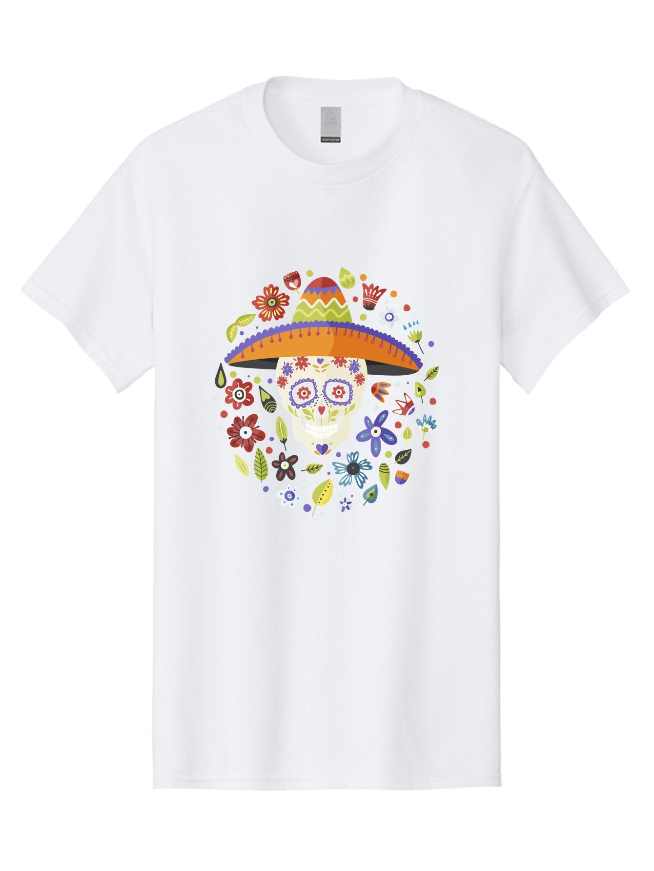 Sugar-Skull-1 Men'S Graphic Tee, 100% Cotton, Comfortable Casual Summer Wear, Machine Washable, Sugar Skull, Dia De Los Muertos, Day Of The Dead, Sombrero, Floral Decorations, Vibrant Colors, Mexican Culture, Festive Atmosphere, -  Aaa298 21