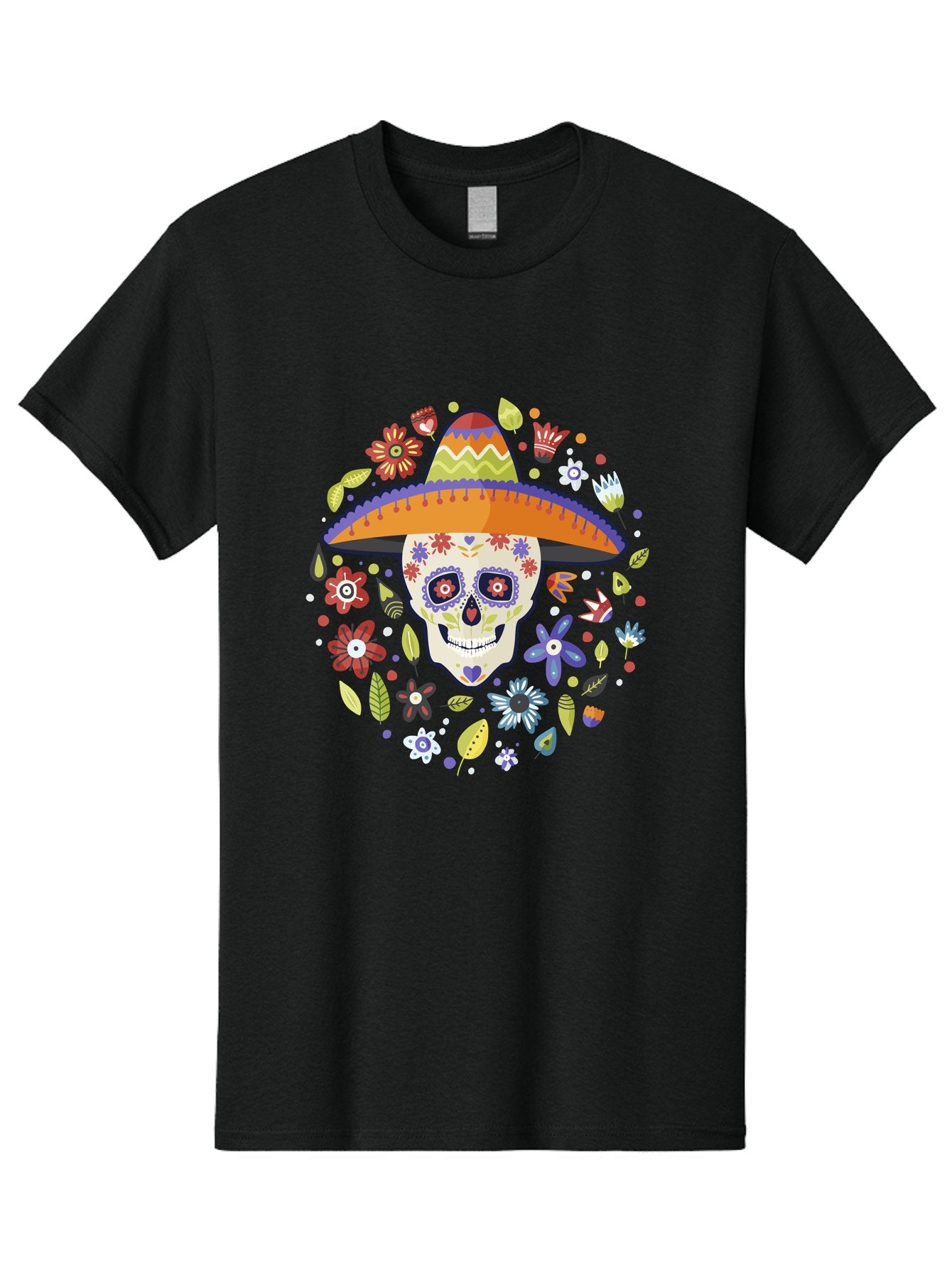 Sugar-Skull Men'S Graphic Tee, 100% Cotton, Comfortable Casual Summer Wear, Machine Washable, Sugar Skull, Day Of The Dead, Dia De Los Muertos, Mexican Culture, Colorful Flowers, Sombrero Hat, Floral Decorations, Vibrant Colors, -  Aaa299 21