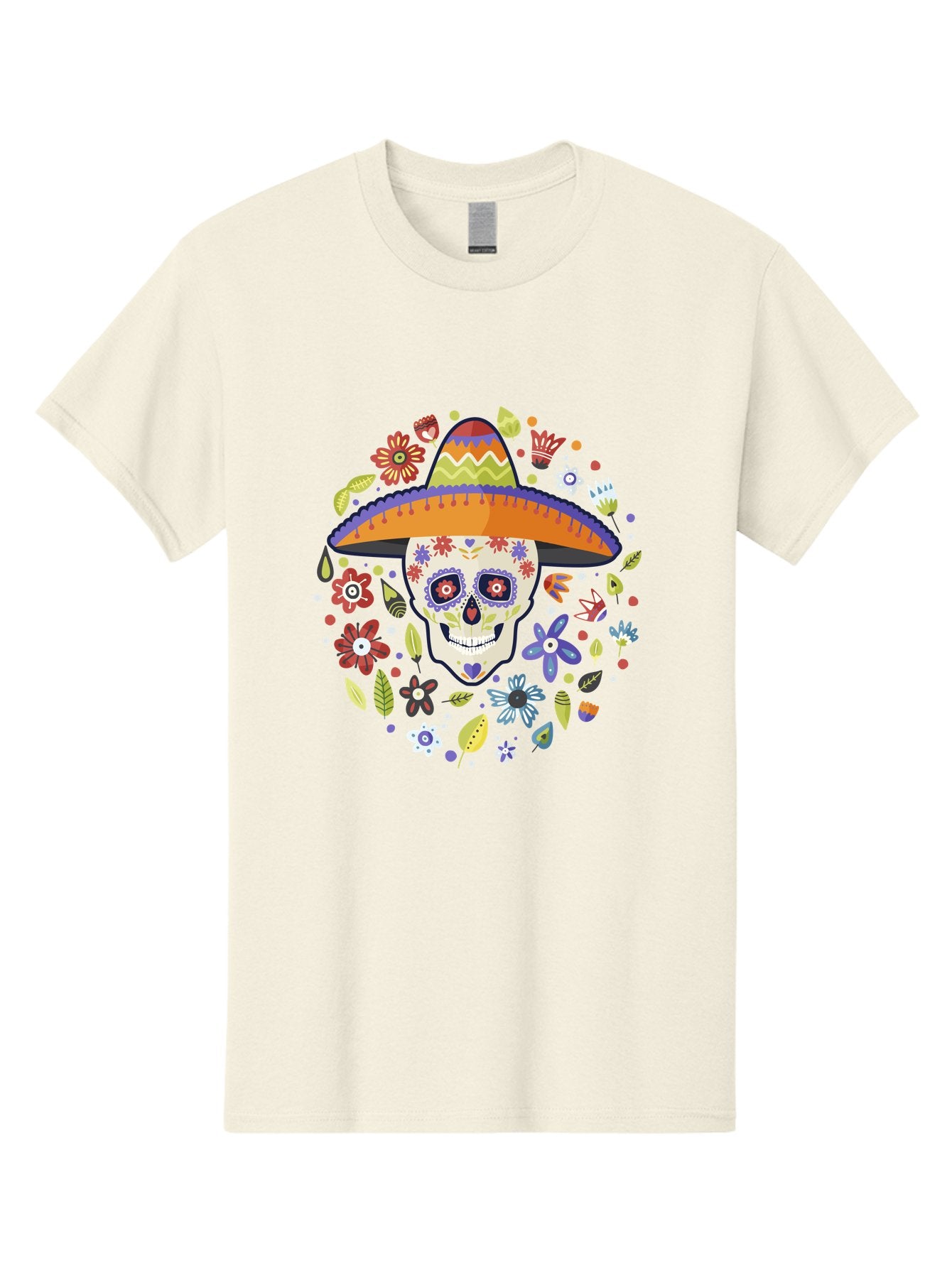 Sugar-Skull Men'S Graphic Tee, 100% Cotton, Comfortable Casual Summer Wear, Machine Washable, Sugar Skull, Day Of The Dead, Dia De Los Muertos, Mexican Culture, Colorful Flowers, Sombrero Hat, Floral Decorations, Vibrant Colors, -  Aaa299 13