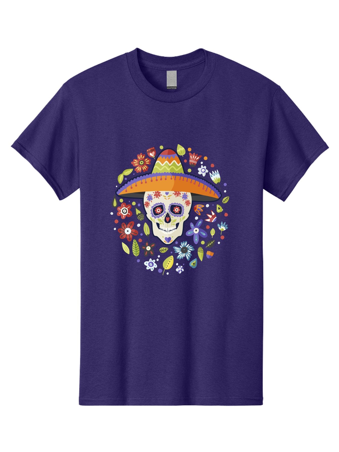 Sugar-Skull Men'S Graphic Tee, 100% Cotton, Comfortable Casual Summer Wear, Machine Washable, Sugar Skull, Day Of The Dead, Dia De Los Muertos, Mexican Culture, Colorful Flowers, Sombrero Hat, Floral Decorations, Vibrant Colors, -  Aaa299 25