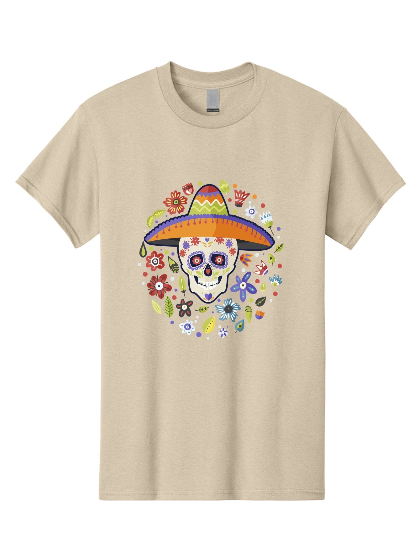 Sugar-Skull Men'S Graphic Tee, 100% Cotton, Comfortable Casual Summer Wear, Machine Washable, Sugar Skull, Day Of The Dead, Dia De Los Muertos, Mexican Culture, Colorful Flowers, Sombrero Hat, Floral Decorations, Vibrant Colors, -  Aaa299 7