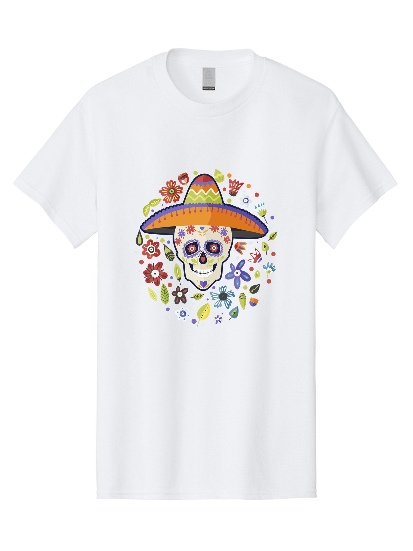 Sugar-Skull Men'S Graphic Tee, 100% Cotton, Comfortable Casual Summer Wear, Machine Washable, Sugar Skull, Day Of The Dead, Dia De Los Muertos, Mexican Culture, Colorful Flowers, Sombrero Hat, Floral Decorations, Vibrant Colors, -  Aaa299 11