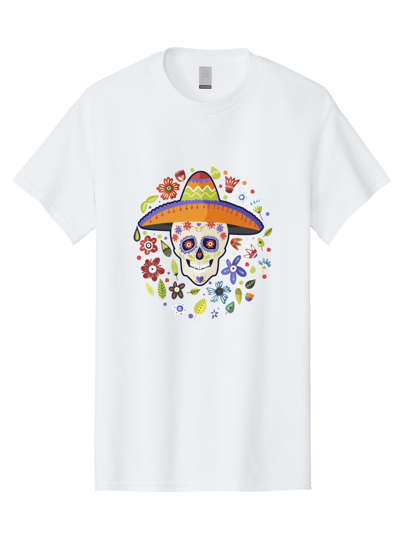 Sugar-Skull Men'S Graphic Tee, 100% Cotton, Comfortable Casual Summer Wear, Machine Washable, Sugar Skull, Day Of The Dead, Dia De Los Muertos, Mexican Culture, Colorful Flowers, Sombrero Hat, Floral Decorations, Vibrant Colors, -  Aaa299 29