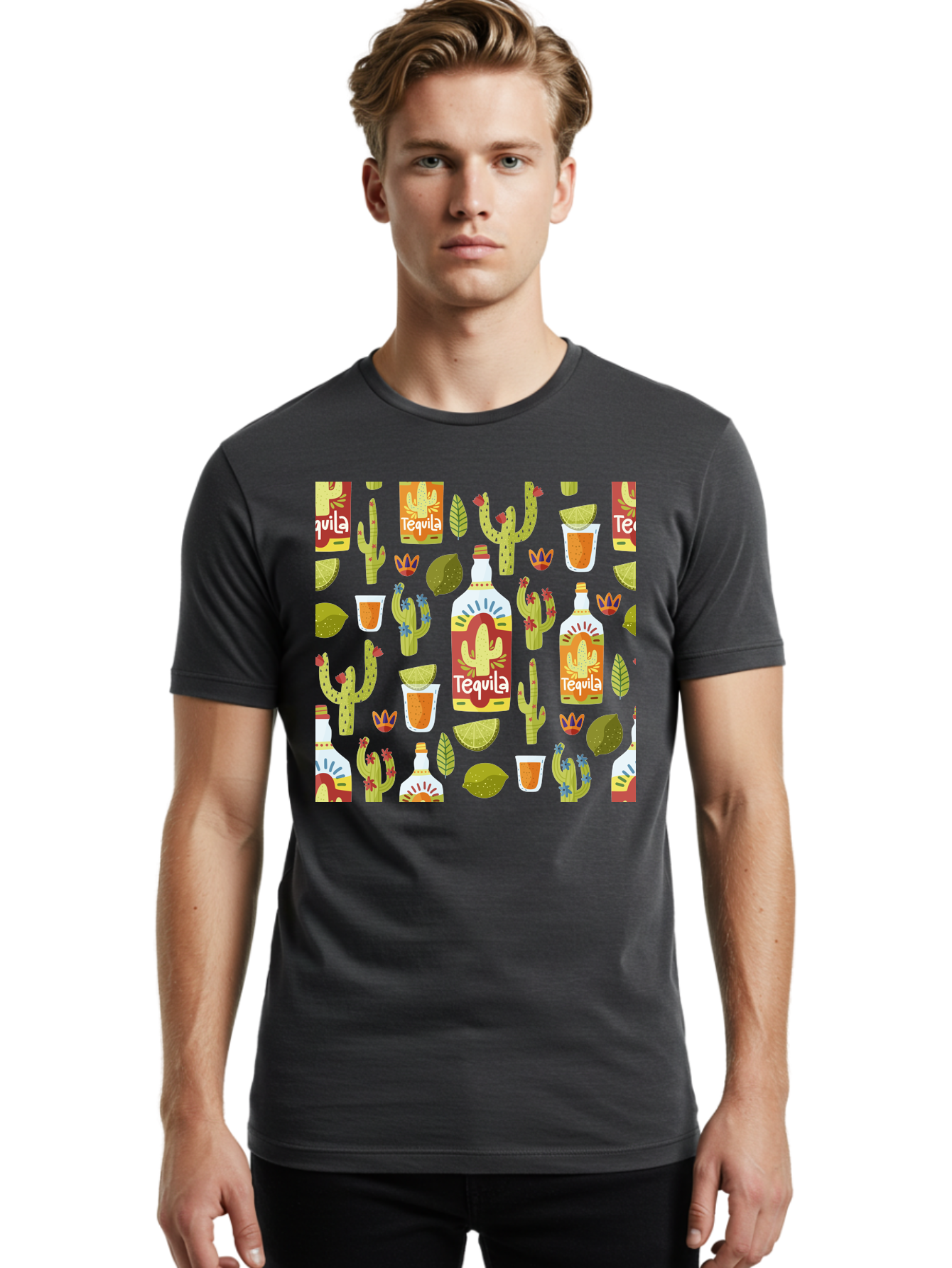 Tequila Men'S Graphic Tee, 100% Cotton, Comfortable Casual Summer Wear, Machine Washable, Tequila Bottles, Cacti Plants, Citrus Fruits, Margarita Glasses, Mexican Drinks, Festive Patterns, Vibrant Designs, Party Themes, -  Aaa304 4