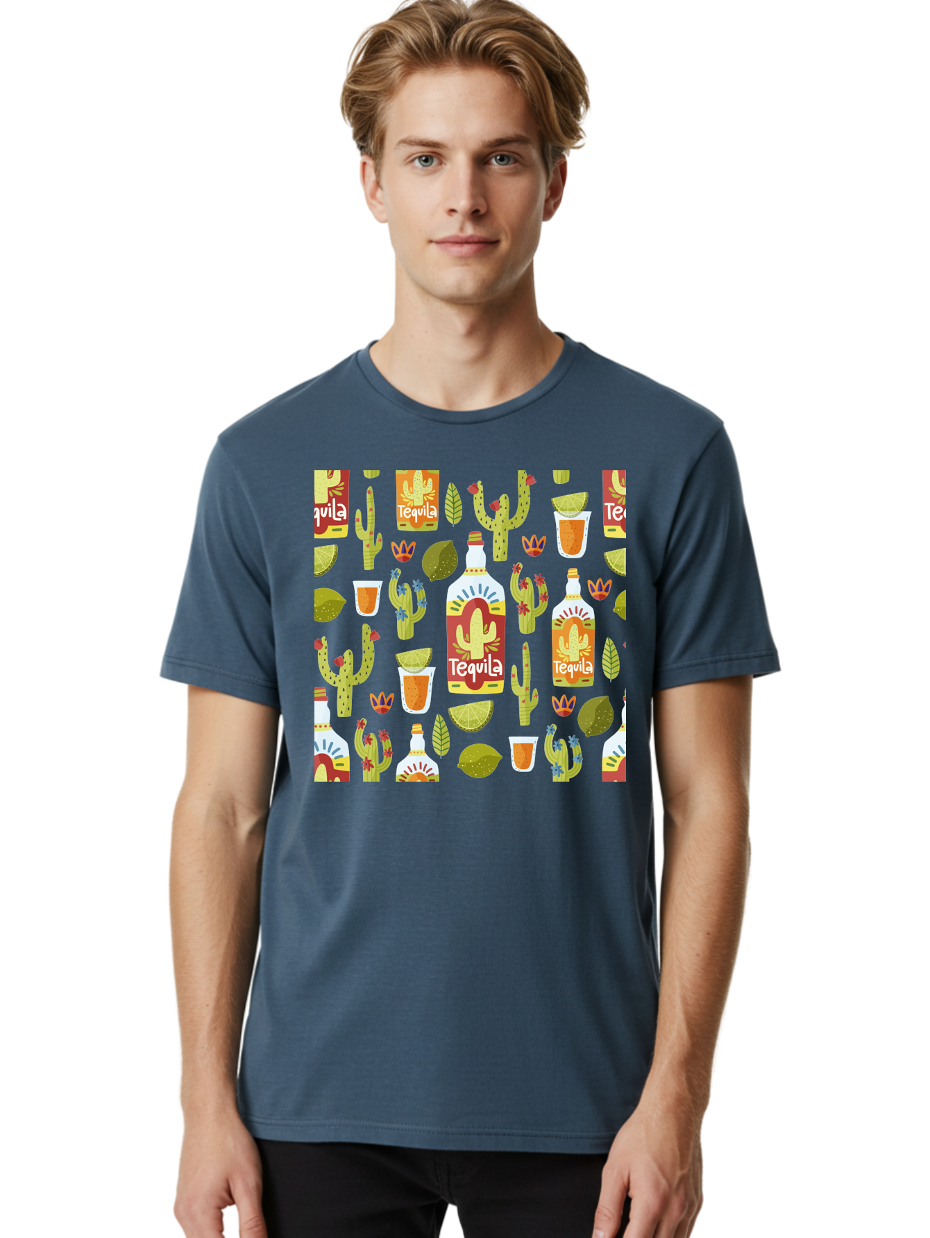 Tequila Men'S Graphic Tee, 100% Cotton, Comfortable Casual Summer Wear, Machine Washable, Tequila Bottles, Cacti Plants, Citrus Fruits, Margarita Glasses, Mexican Drinks, Festive Patterns, Vibrant Designs, Party Themes, -  Aaa304 22