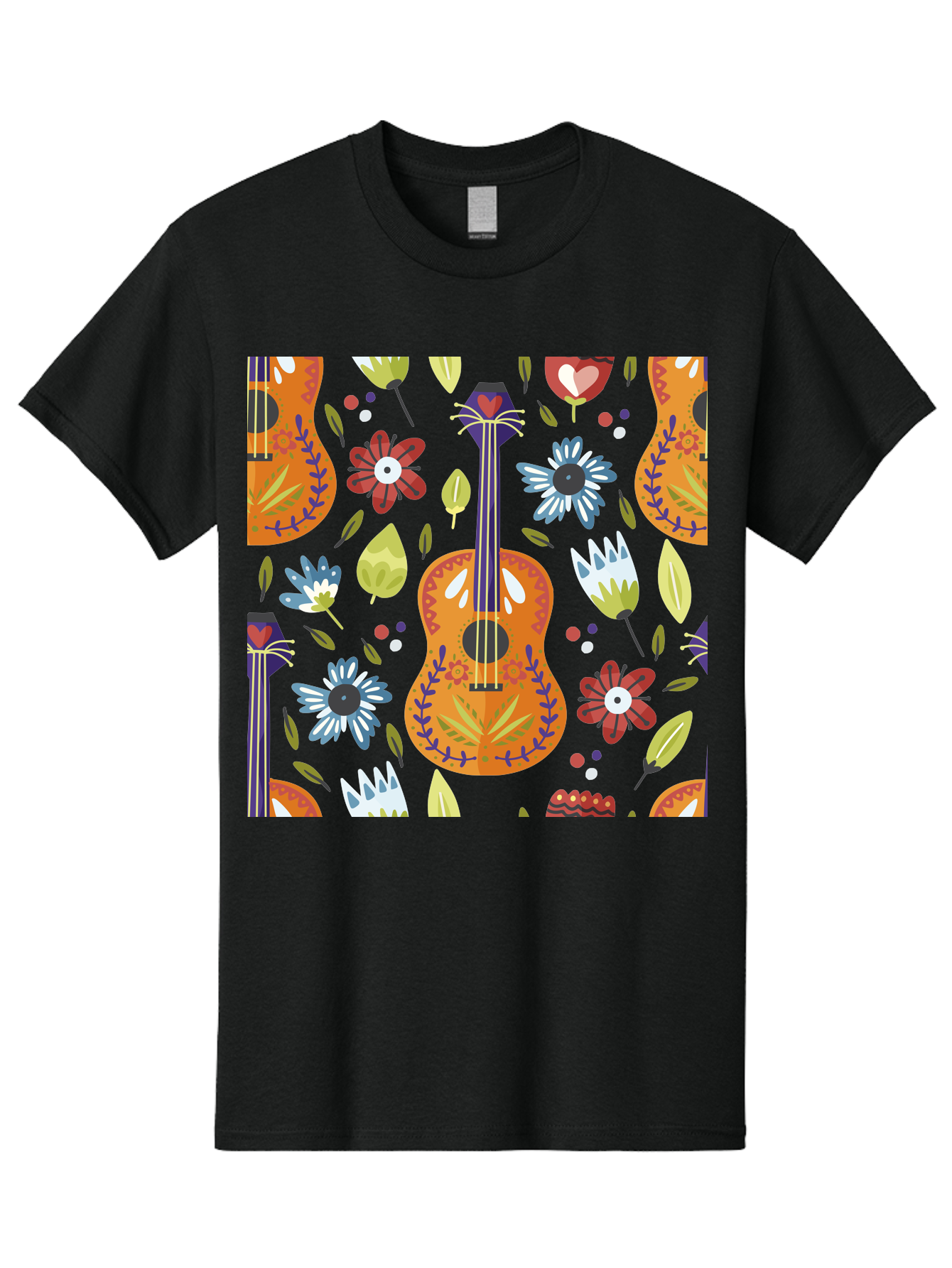 Ukulele-Floral-Pattern Men'S Graphic Tee, 100% Cotton, Comfortable Casual Summer Wear, Machine Washable, Ukulele, Floral Pattern, Flowers, Leaves, Hearts, Musical Instrument, Whimsical Design, Vibrant Colors, Playful Motifs, -  Aaa305 27