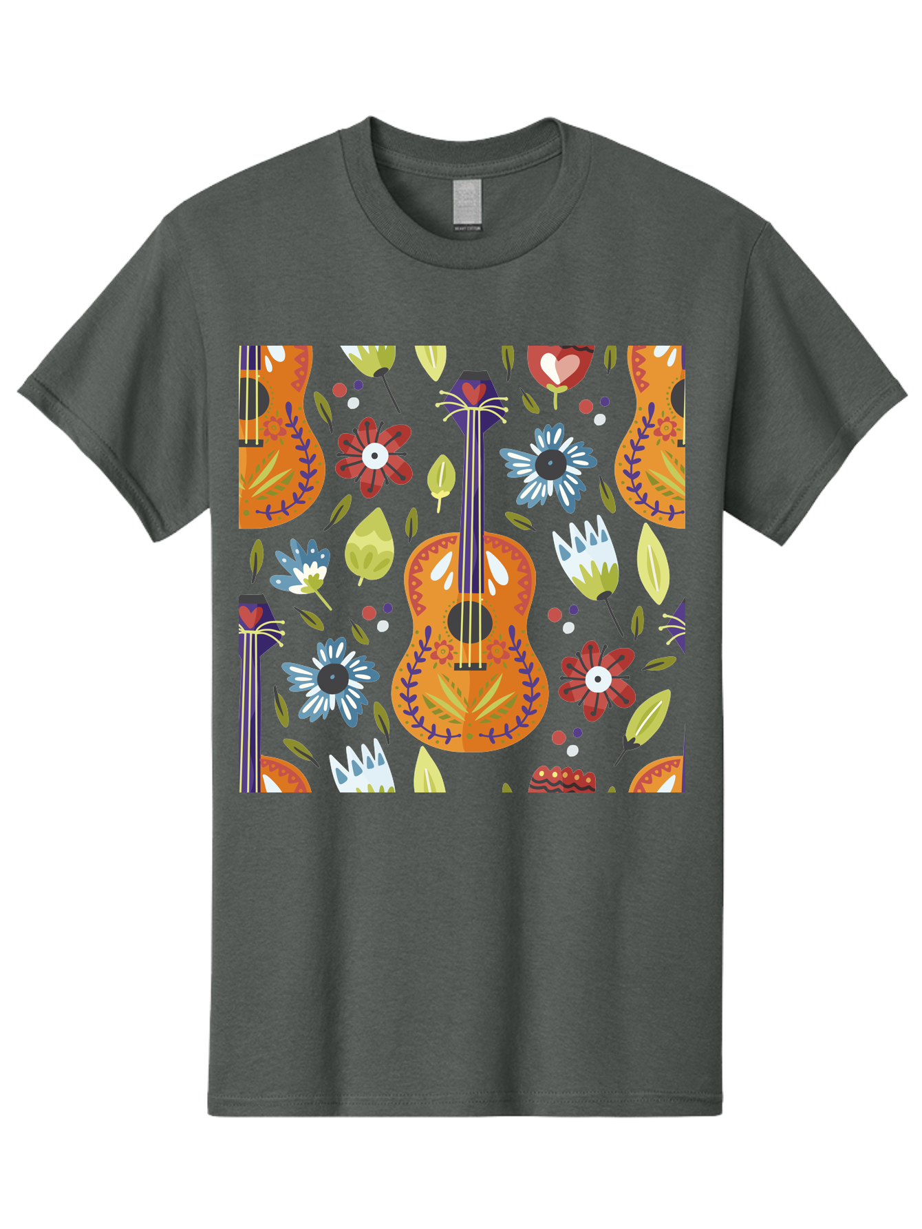 Ukulele-Floral-Pattern Men'S Graphic Tee, 100% Cotton, Comfortable Casual Summer Wear, Machine Washable, Ukulele, Floral Pattern, Flowers, Leaves, Hearts, Musical Instrument, Whimsical Design, Vibrant Colors, Playful Motifs, -  Aaa305 11
