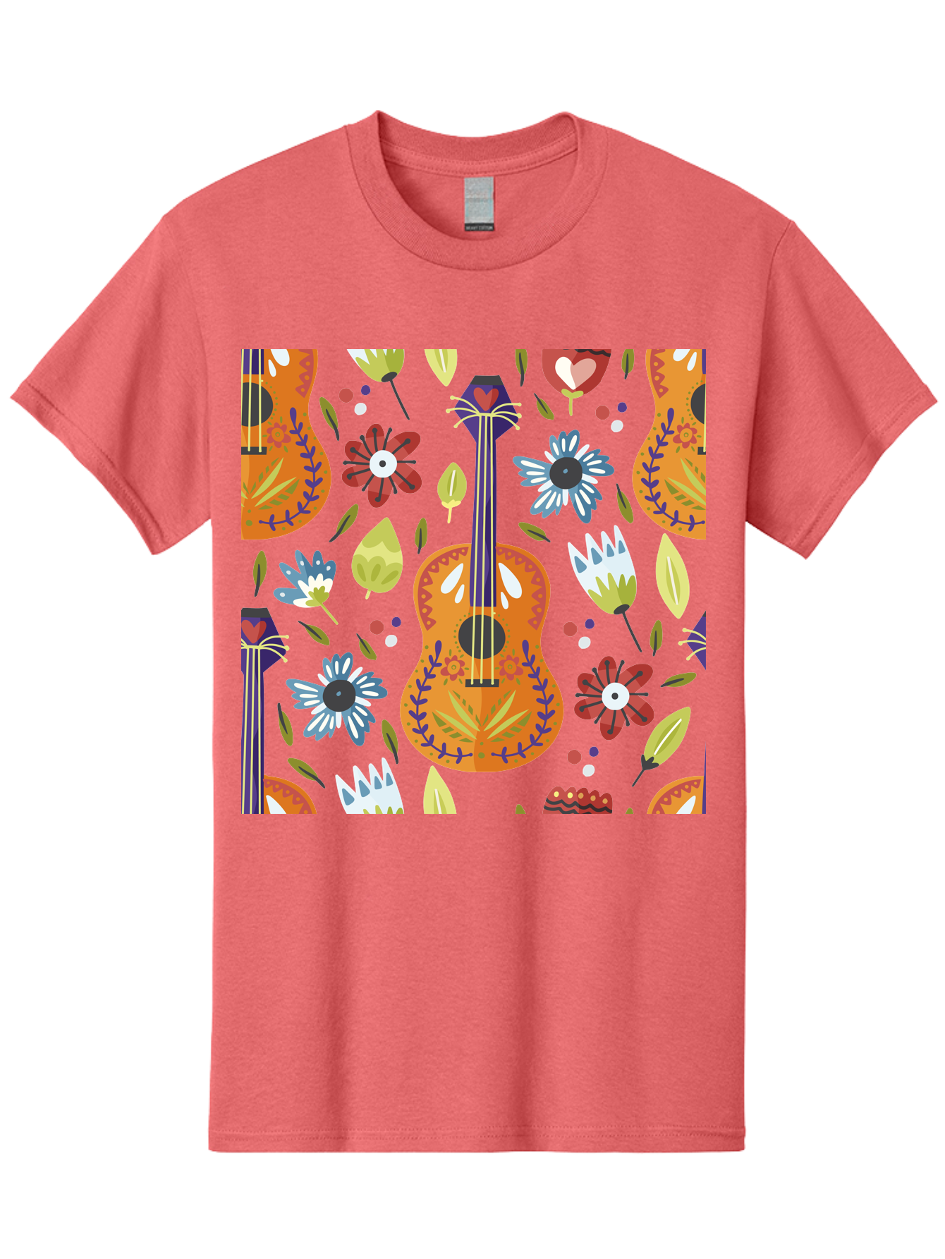 Ukulele-Floral-Pattern Men'S Graphic Tee, 100% Cotton, Comfortable Casual Summer Wear, Machine Washable, Ukulele, Floral Pattern, Flowers, Leaves, Hearts, Musical Instrument, Whimsical Design, Vibrant Colors, Playful Motifs, -  Aaa305