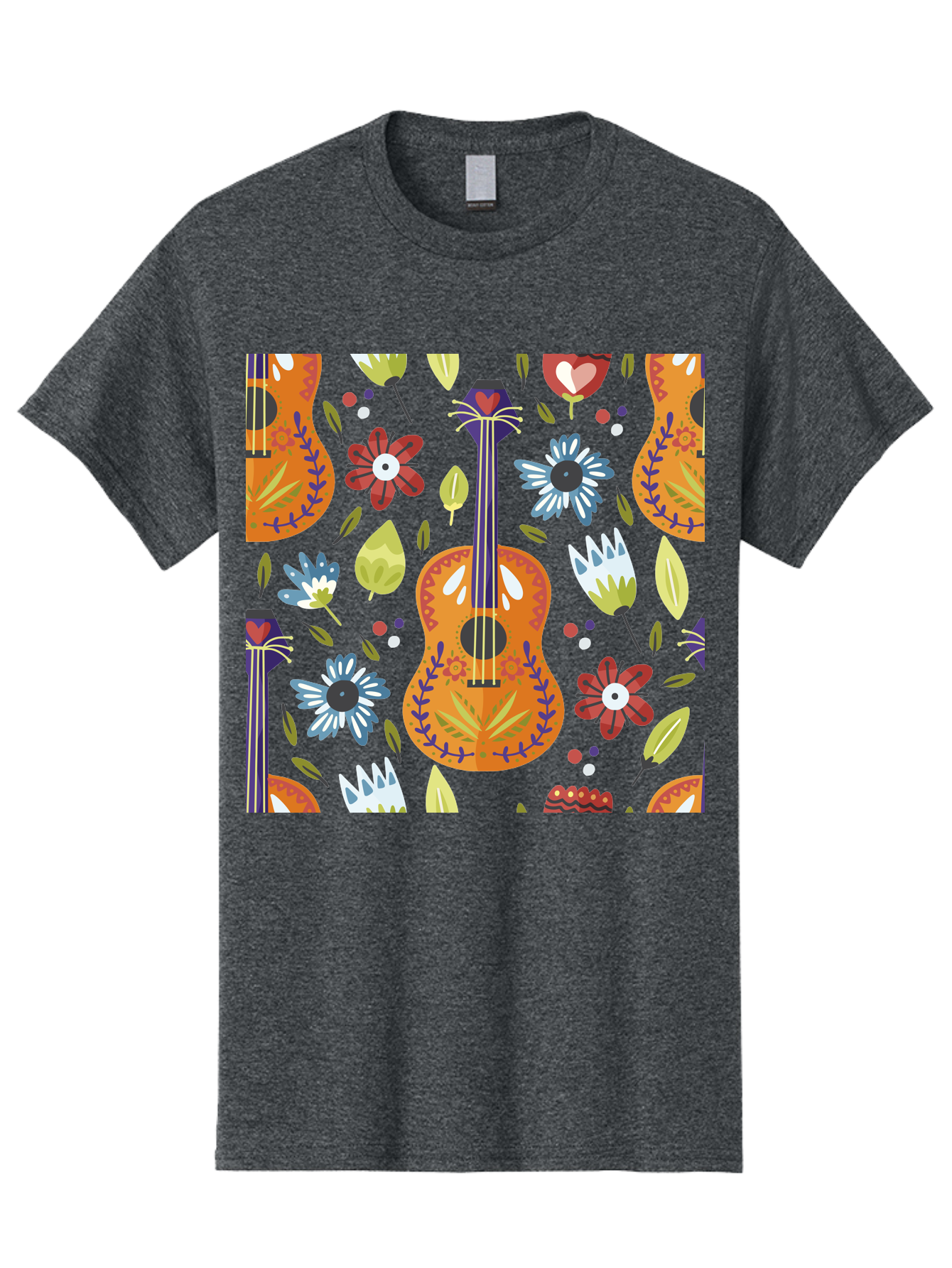 Ukulele-Floral-Pattern Men'S Graphic Tee, 100% Cotton, Comfortable Casual Summer Wear, Machine Washable, Ukulele, Floral Pattern, Flowers, Leaves, Hearts, Musical Instrument, Whimsical Design, Vibrant Colors, Playful Motifs, -  Aaa305 29