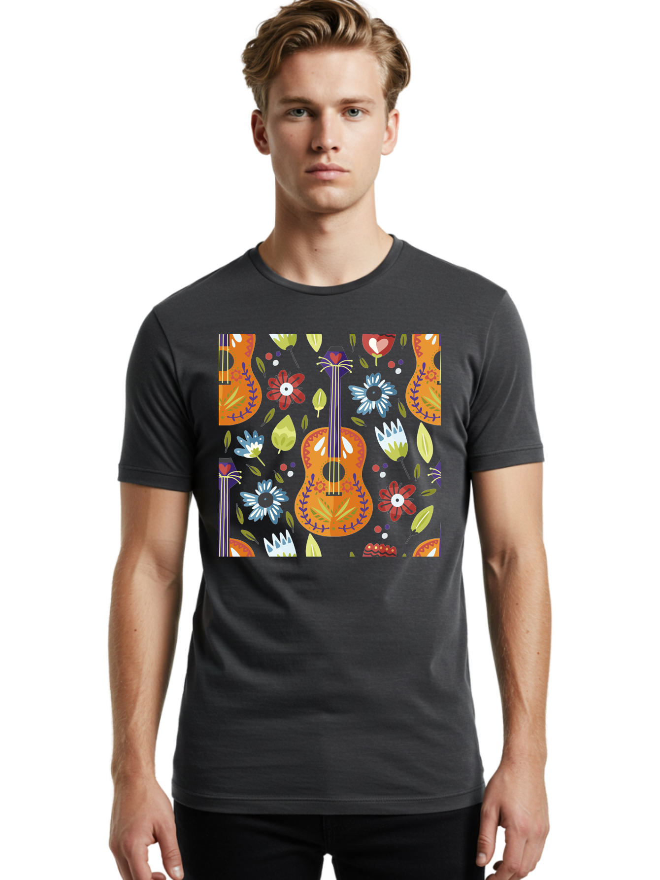 Ukulele-Floral-Pattern Men'S Graphic Tee, 100% Cotton, Comfortable Casual Summer Wear, Machine Washable, Ukulele, Floral Pattern, Flowers, Leaves, Hearts, Musical Instrument, Whimsical Design, Vibrant Colors, Playful Motifs, -  Aaa305 30