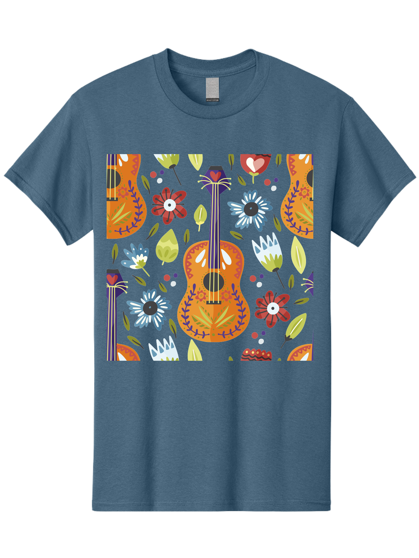 Ukulele-Floral-Pattern Men'S Graphic Tee, 100% Cotton, Comfortable Casual Summer Wear, Machine Washable, Ukulele, Floral Pattern, Flowers, Leaves, Hearts, Musical Instrument, Whimsical Design, Vibrant Colors, Playful Motifs, -  Aaa305 3