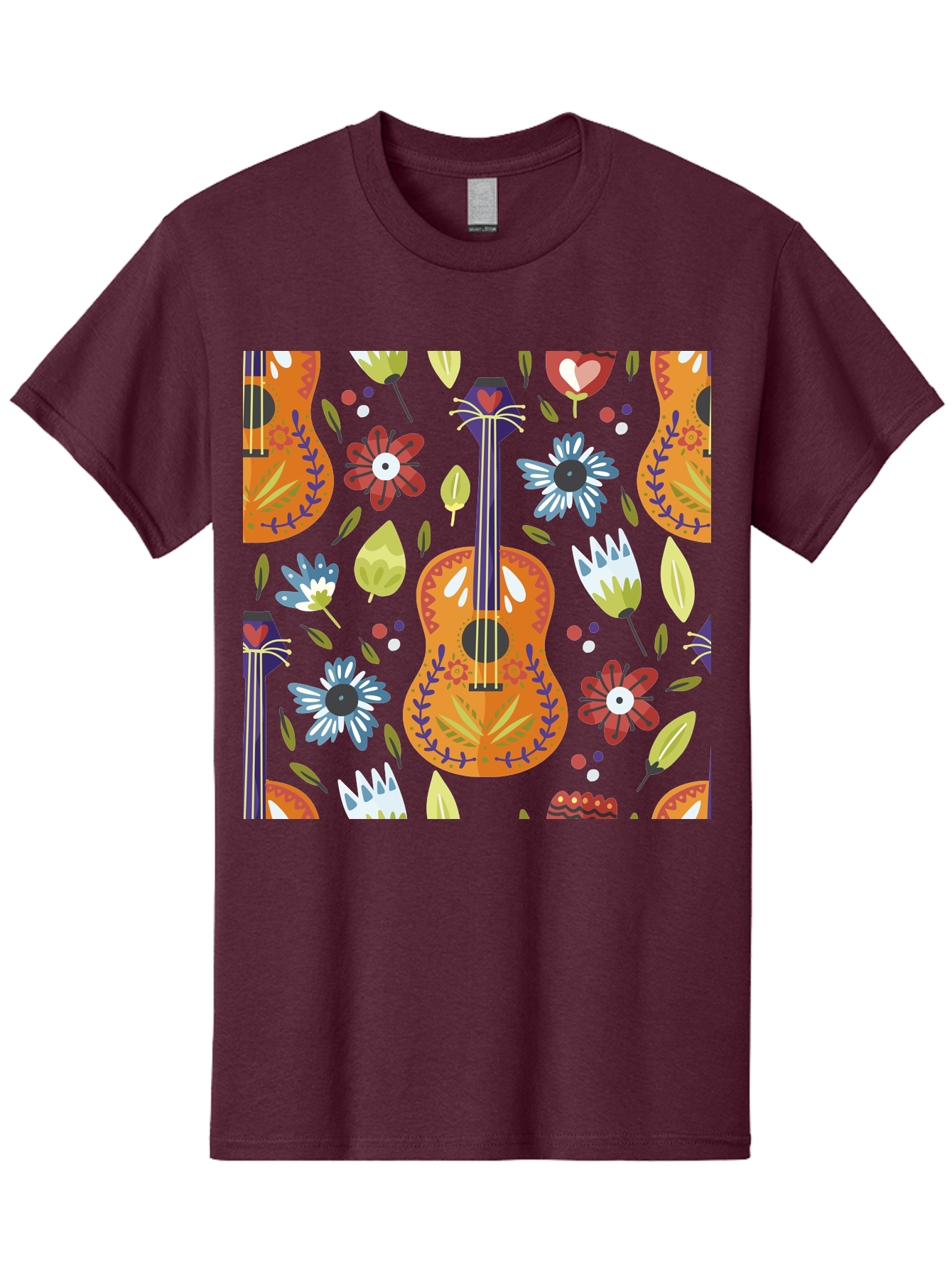 Ukulele-Floral-Pattern Men'S Graphic Tee, 100% Cotton, Comfortable Casual Summer Wear, Machine Washable, Ukulele, Floral Pattern, Flowers, Leaves, Hearts, Musical Instrument, Whimsical Design, Vibrant Colors, Playful Motifs, -  Aaa305 15