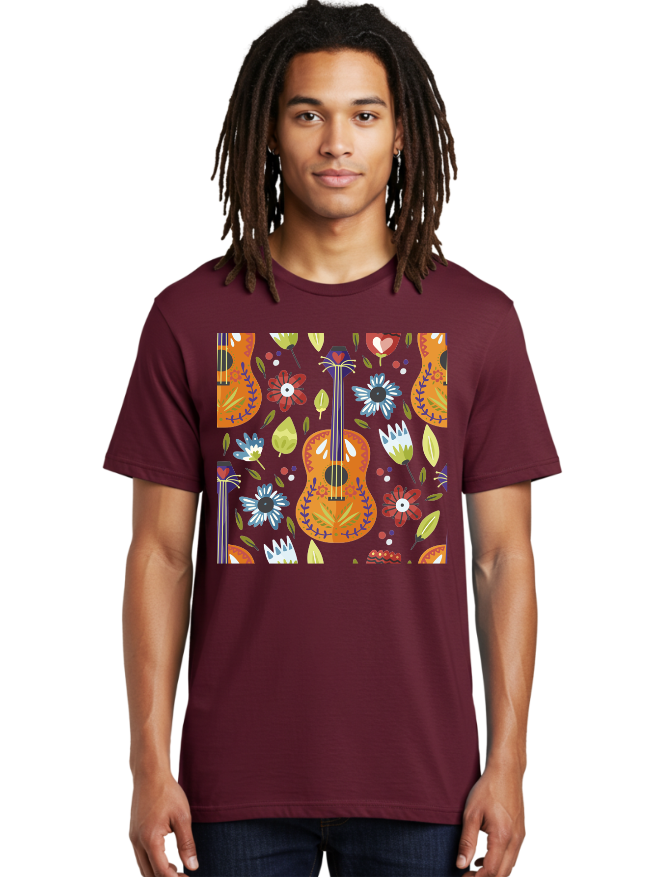 Ukulele-Floral-Pattern Men'S Graphic Tee, 100% Cotton, Comfortable Casual Summer Wear, Machine Washable, Ukulele, Floral Pattern, Flowers, Leaves, Hearts, Musical Instrument, Whimsical Design, Vibrant Colors, Playful Motifs, -  Aaa305 16