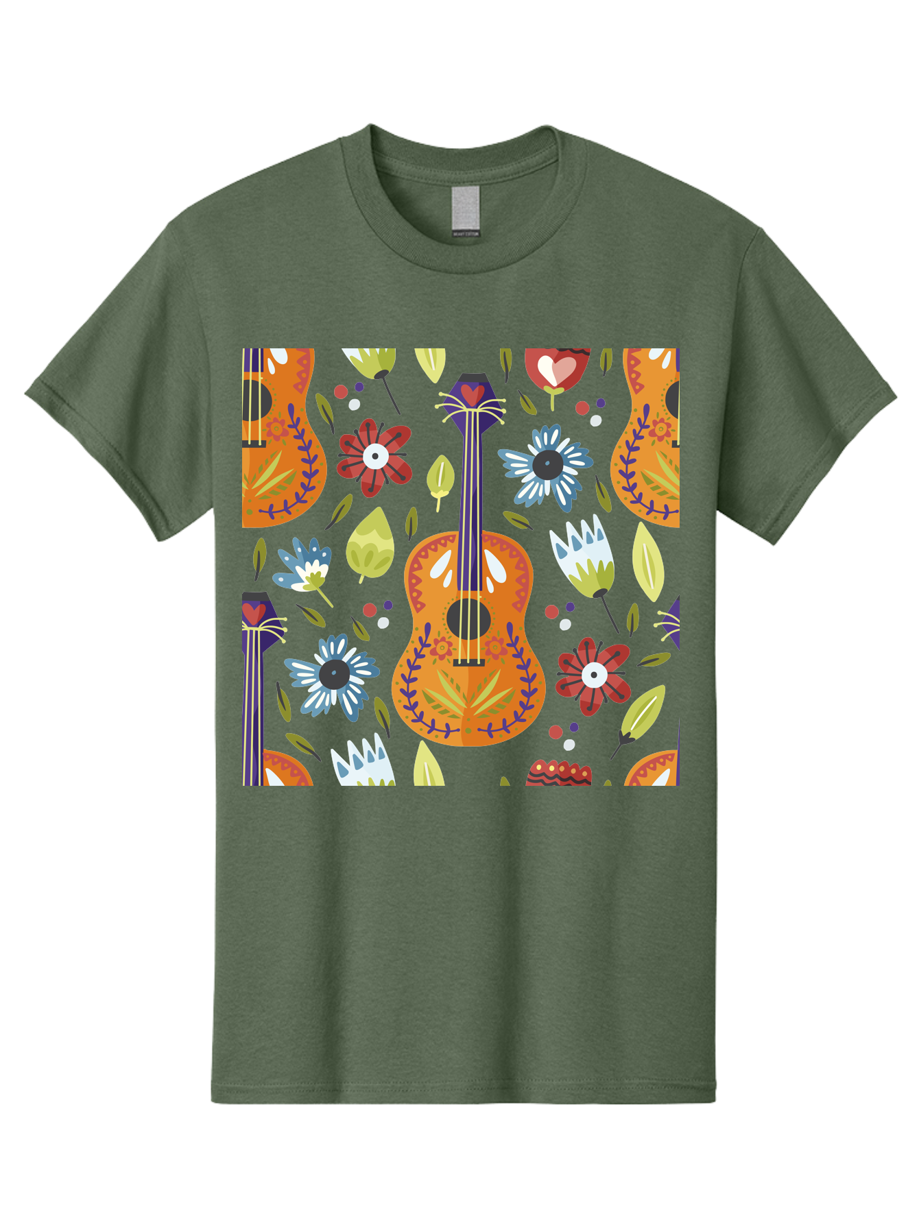 Ukulele-Floral-Pattern Men'S Graphic Tee, 100% Cotton, Comfortable Casual Summer Wear, Machine Washable, Ukulele, Floral Pattern, Flowers, Leaves, Hearts, Musical Instrument, Whimsical Design, Vibrant Colors, Playful Motifs, -  Aaa305 17