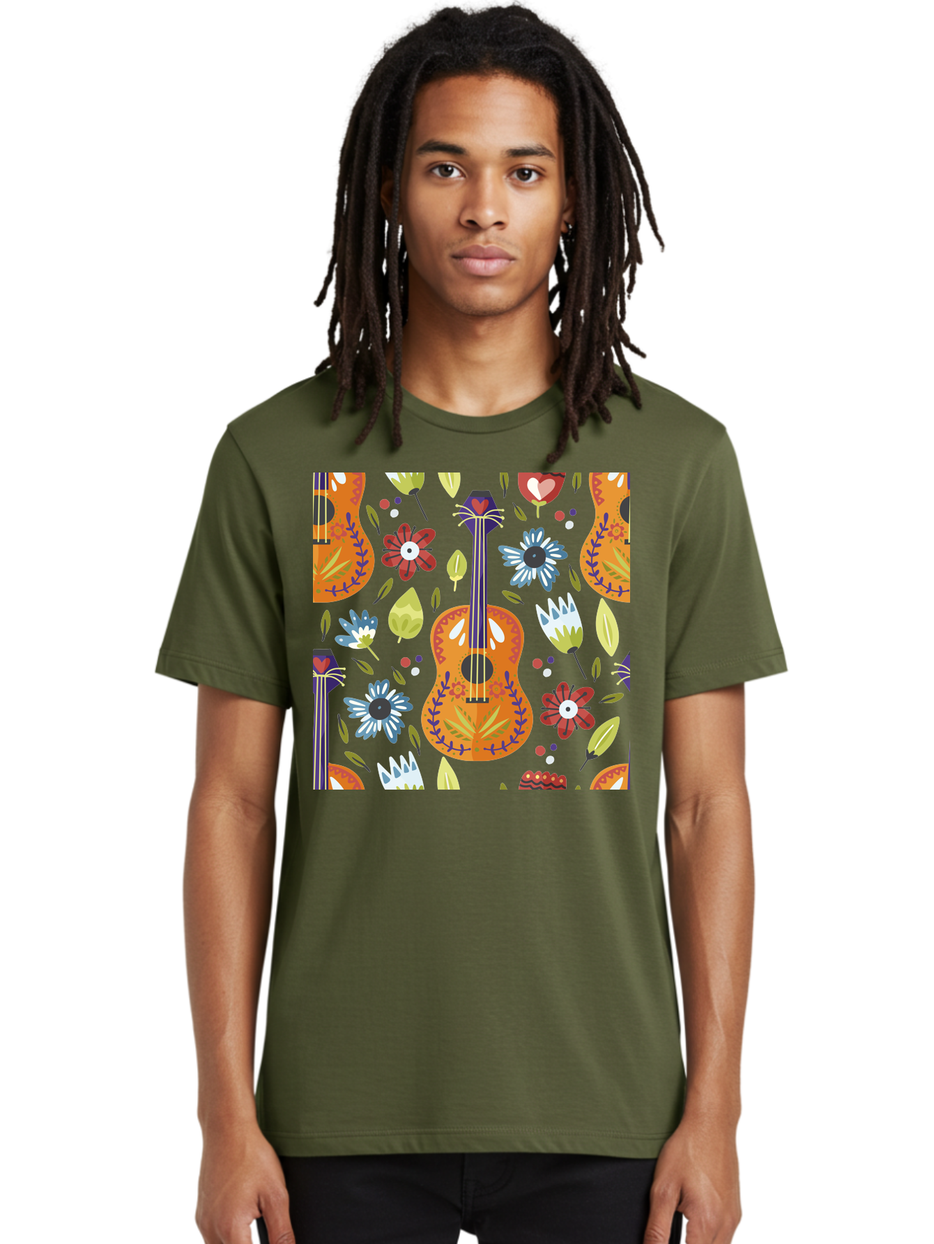 Ukulele-Floral-Pattern Men'S Graphic Tee, 100% Cotton, Comfortable Casual Summer Wear, Machine Washable, Ukulele, Floral Pattern, Flowers, Leaves, Hearts, Musical Instrument, Whimsical Design, Vibrant Colors, Playful Motifs, -  Aaa305 18