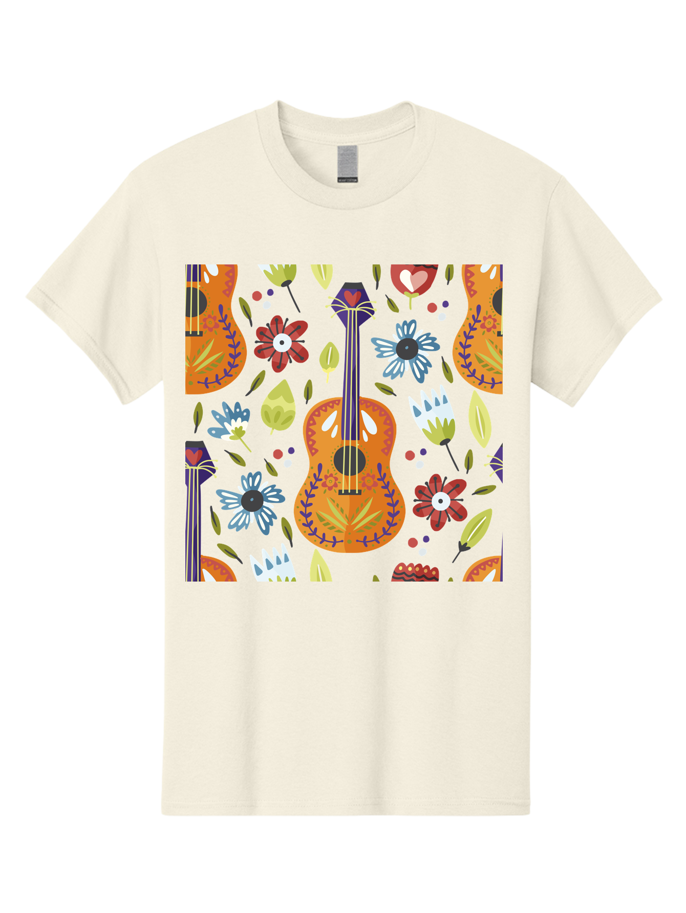 Ukulele-Floral-Pattern Men'S Graphic Tee, 100% Cotton, Comfortable Casual Summer Wear, Machine Washable, Ukulele, Floral Pattern, Flowers, Leaves, Hearts, Musical Instrument, Whimsical Design, Vibrant Colors, Playful Motifs, -  Aaa305 23