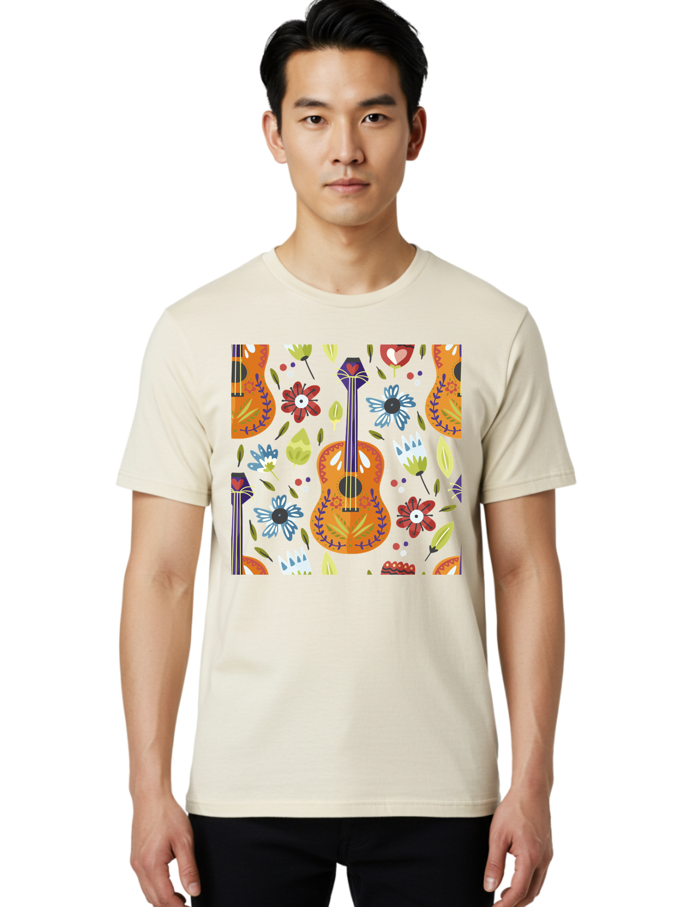 Ukulele-Floral-Pattern Men'S Graphic Tee, 100% Cotton, Comfortable Casual Summer Wear, Machine Washable, Ukulele, Floral Pattern, Flowers, Leaves, Hearts, Musical Instrument, Whimsical Design, Vibrant Colors, Playful Motifs, -  Aaa305 24