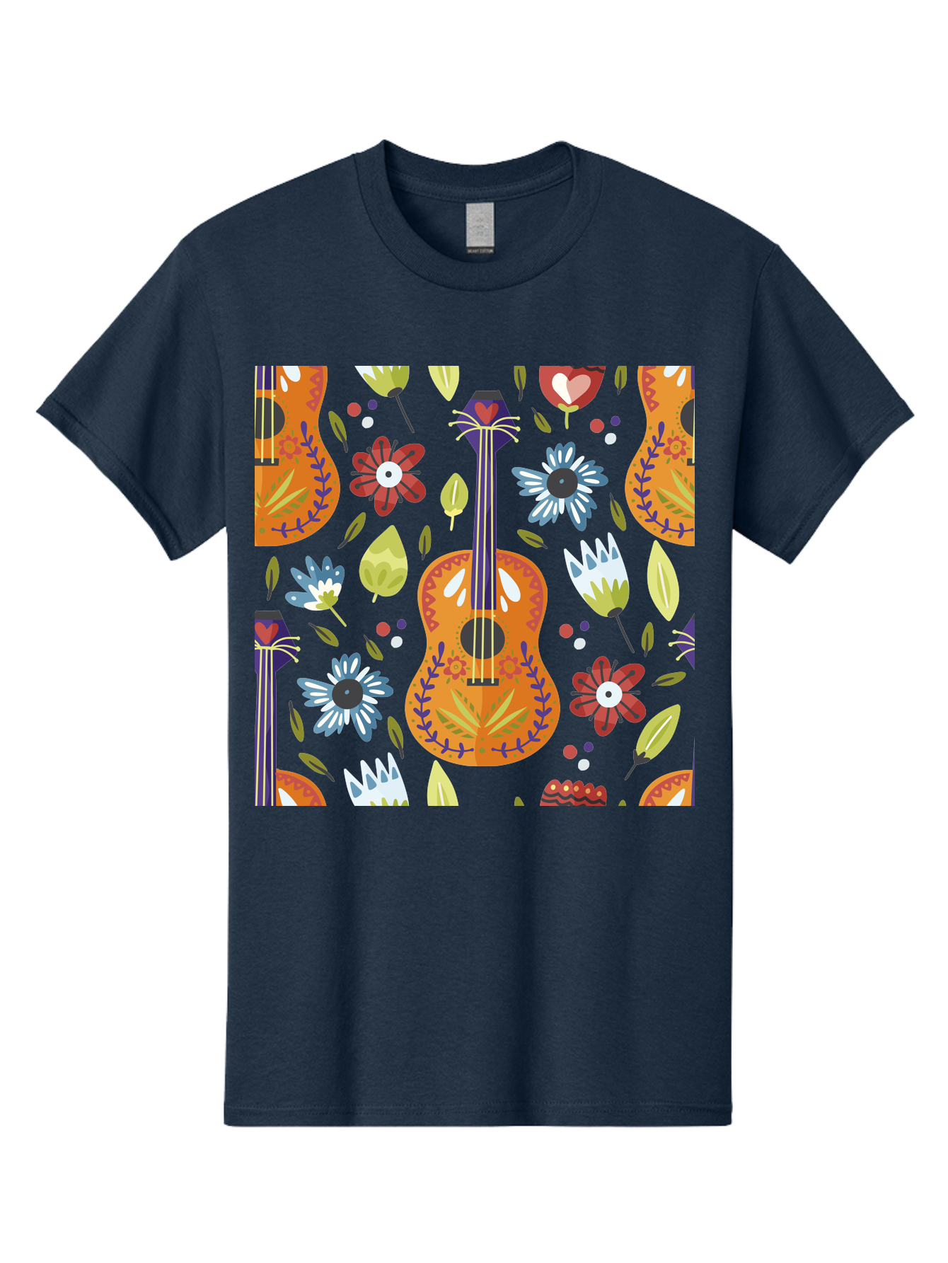 Ukulele-Floral-Pattern Men'S Graphic Tee, 100% Cotton, Comfortable Casual Summer Wear, Machine Washable, Ukulele, Floral Pattern, Flowers, Leaves, Hearts, Musical Instrument, Whimsical Design, Vibrant Colors, Playful Motifs, -  Aaa305 7