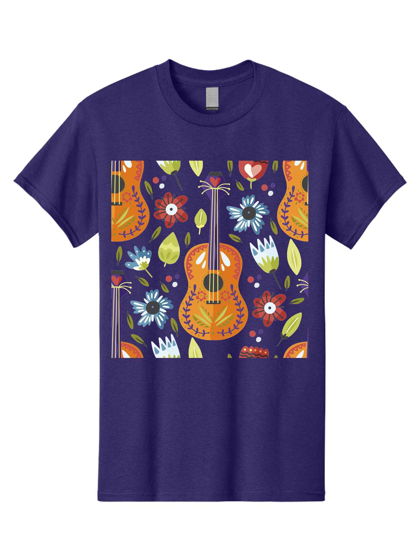 Ukulele-Floral-Pattern Men'S Graphic Tee, 100% Cotton, Comfortable Casual Summer Wear, Machine Washable, Ukulele, Floral Pattern, Flowers, Leaves, Hearts, Musical Instrument, Whimsical Design, Vibrant Colors, Playful Motifs, -  Aaa305 9