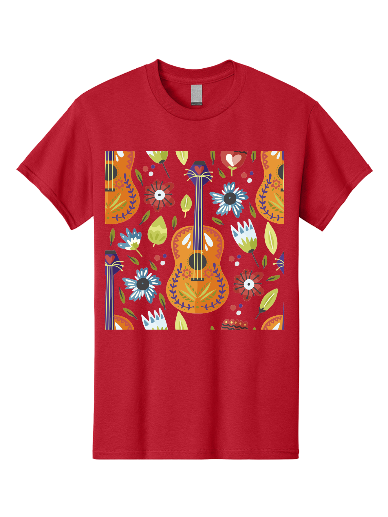 Ukulele-Floral-Pattern Men'S Graphic Tee, 100% Cotton, Comfortable Casual Summer Wear, Machine Washable, Ukulele, Floral Pattern, Flowers, Leaves, Hearts, Musical Instrument, Whimsical Design, Vibrant Colors, Playful Motifs, -  Aaa305 21