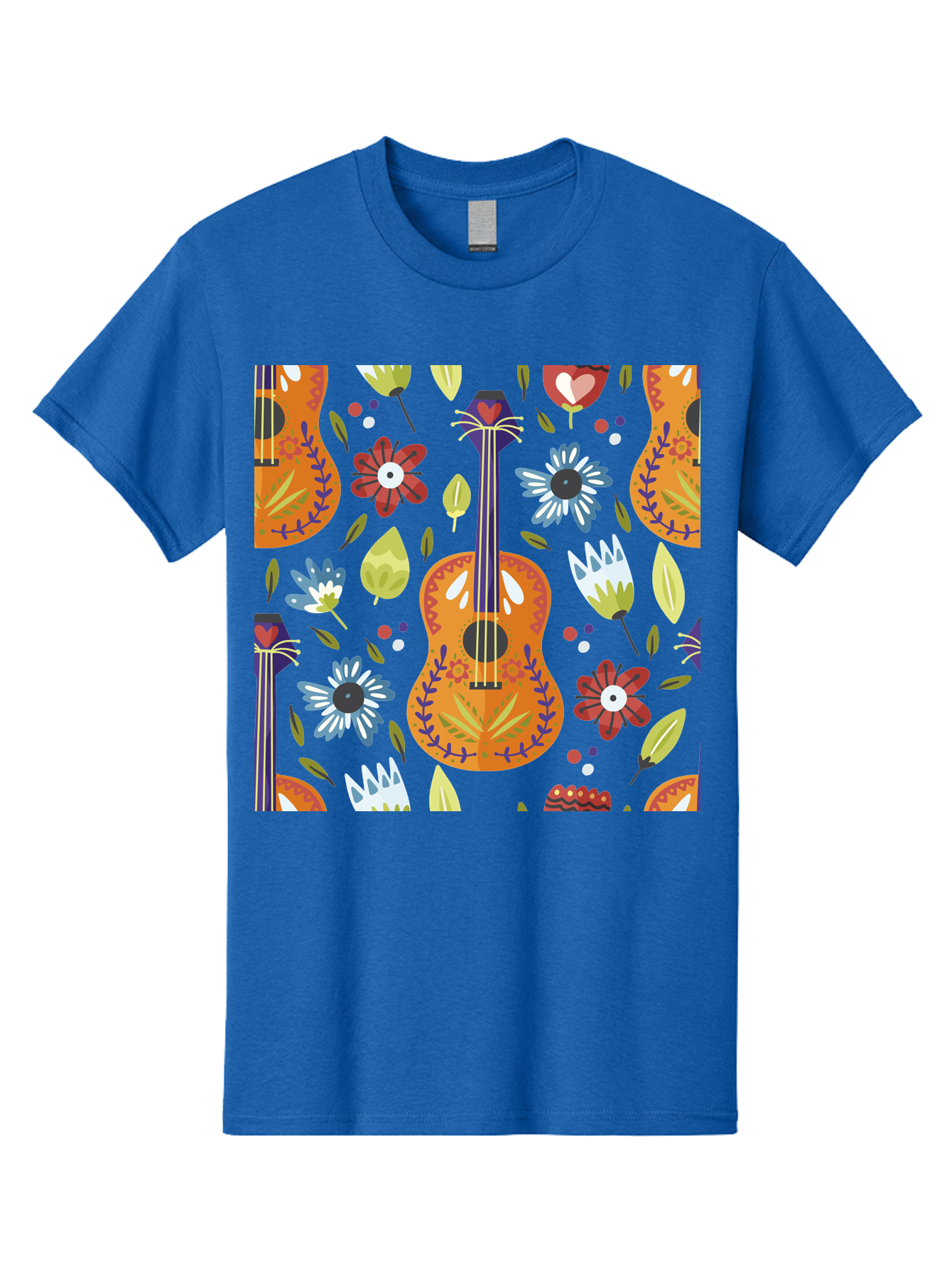 Ukulele-Floral-Pattern Men'S Graphic Tee, 100% Cotton, Comfortable Casual Summer Wear, Machine Washable, Ukulele, Floral Pattern, Flowers, Leaves, Hearts, Musical Instrument, Whimsical Design, Vibrant Colors, Playful Motifs, -  Aaa305 25